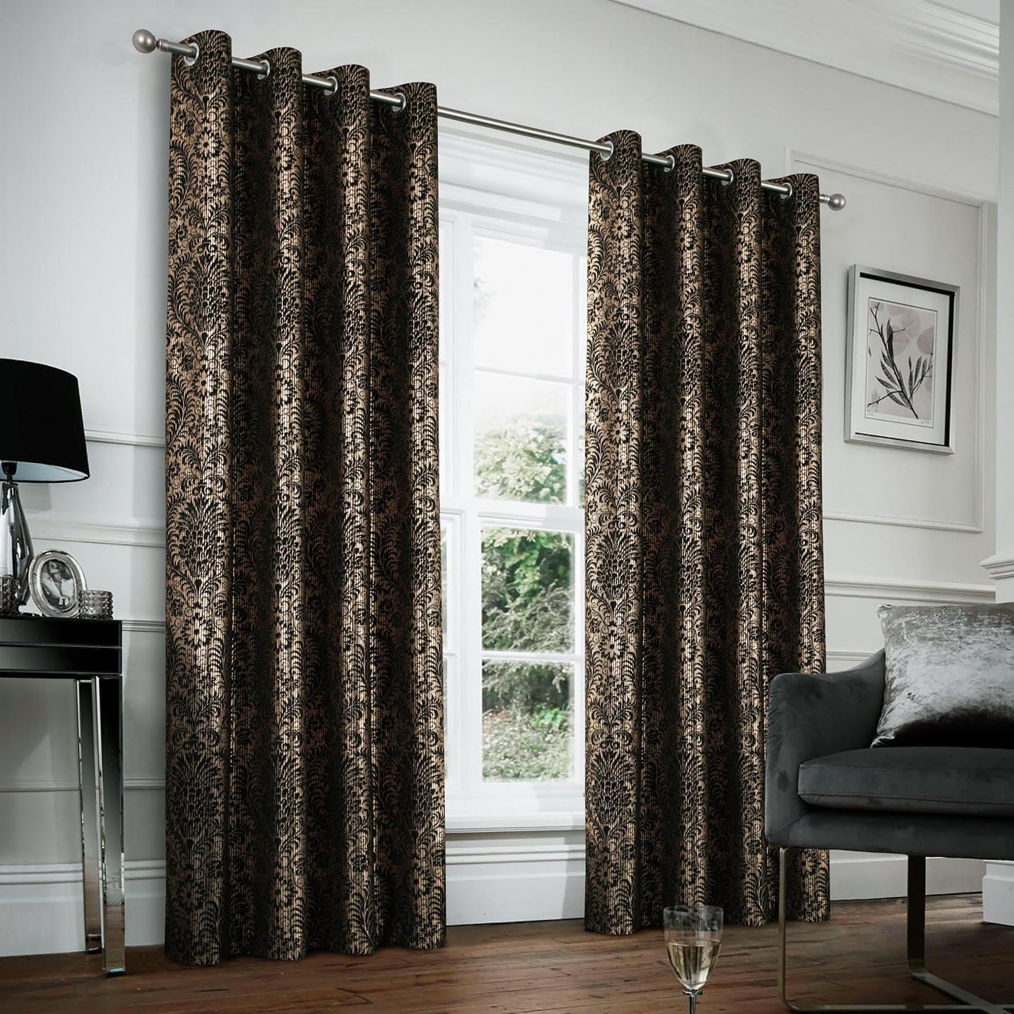always4u 100% Blackout Damask Foil Print Black and Gold Ridged Velvet Curtains 108 Inches Long Drapes 2 Panels Shiny Metallic Window 54 * 108 Inches
