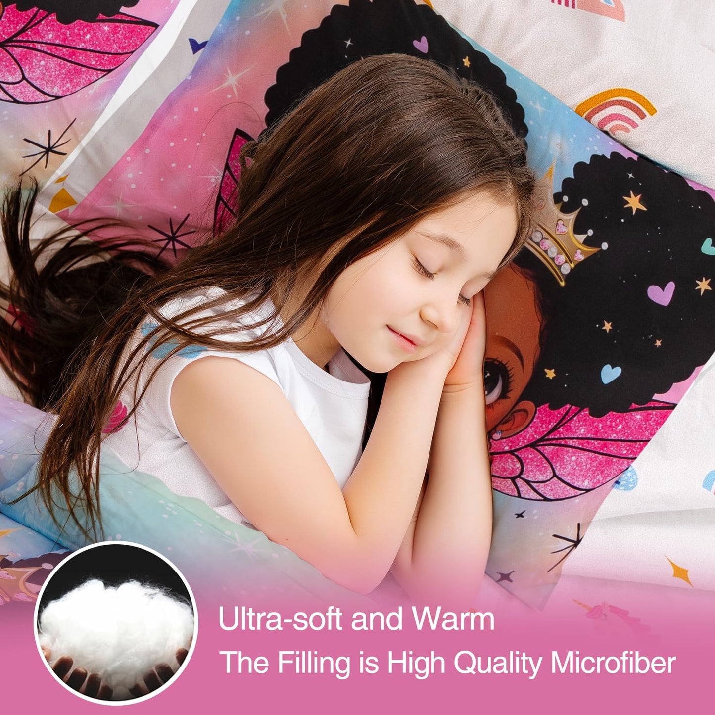 A Nice Night Black Girl Princess with Wings Comforter Set,Pink Gradient Glitter Rainbow Galaxy 6pcs Kids Twin Size Bedding Set,Room Decor for Girls