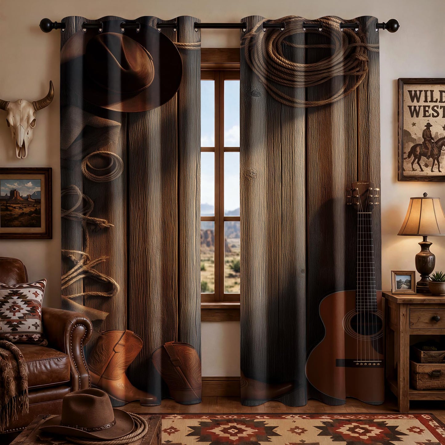 Western Farmhouse Patterned Curtains Blackout, Thermal Insulated Room Darkening Grommet Drapes for Kitchen, 54 Inch Curtains 2 Panel Set, Rustic Cowboy Wood Grain Hat Boots Guitar Window Treatments