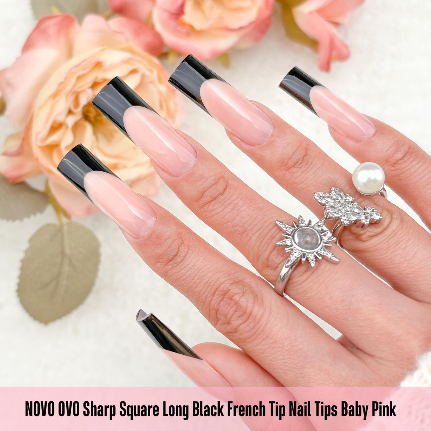NOVO OVO Soft Gel Nail Tips Long Square - Black French Tip on Baby Pink Base, 180Pcs Full Cover False Nails for Gel X Extension, Sharp Shape Pre-Designed Press on Nails for DIY Home Salon (15 Sizes)