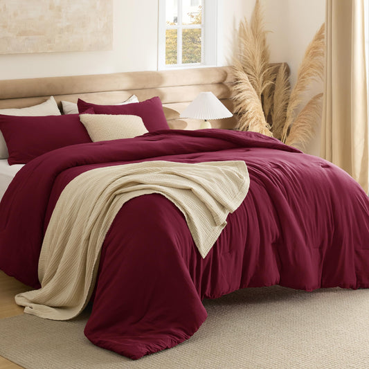 Bedsure Queen Comforter Set, Dark Red Soft Prewashed Bedding for All Seasons, 3 Pieces GentleSoft™ Bed Set, 1 Lightweight Comforter (90"x90") and 2 Pillowcases (20"x26")