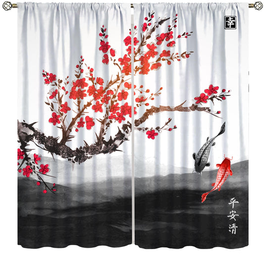 Japanese Curtains,Cherry Blossom Red Floral Ink Painting Window Treatment Curtains Cloth Farbic for Dining Room Cafe Living Room Bedroom Kitchen Office Drapes Decor,42x45 in