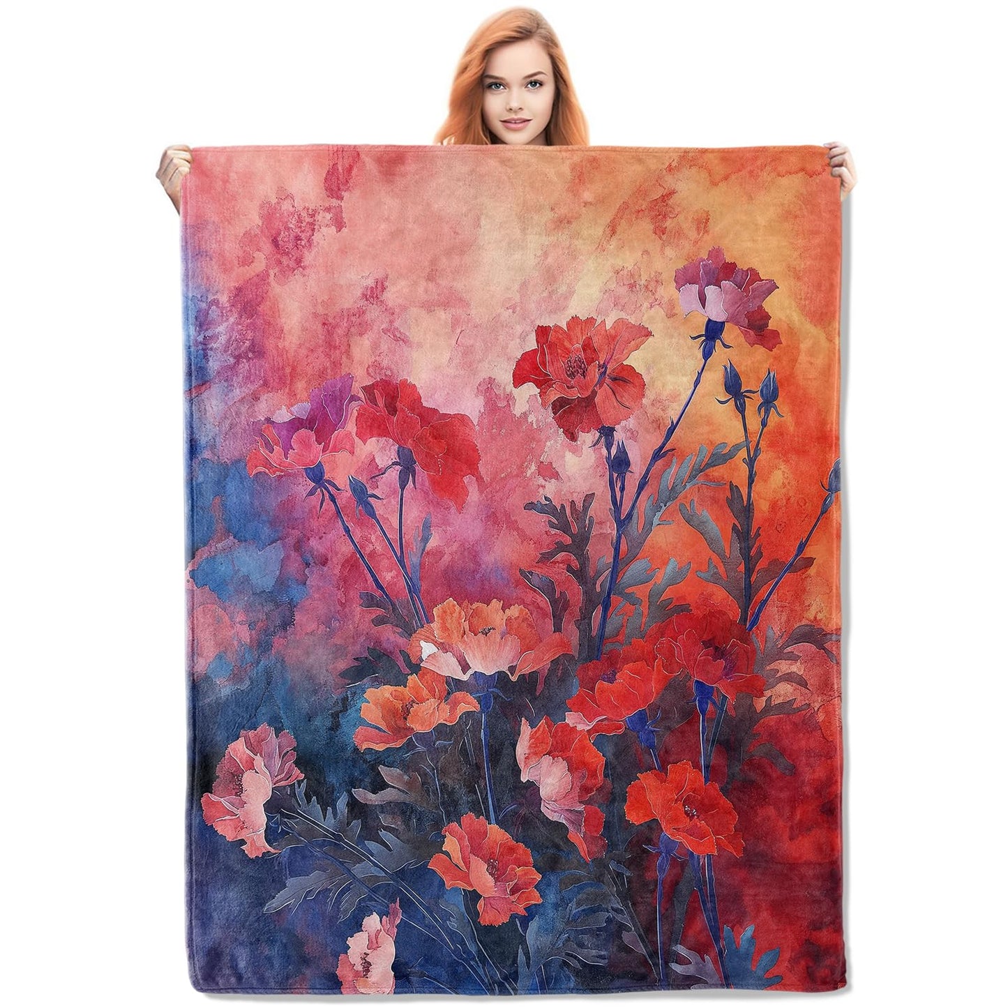 VANZEV Vibrant Carnations Painting Blanket, Floral Art Flannel Throw Blankets,Soft Warm Lightweight Cozy Plush Throws for Bedroom Sofa Office Home Decor Gifts for Women Girls 60"x50"