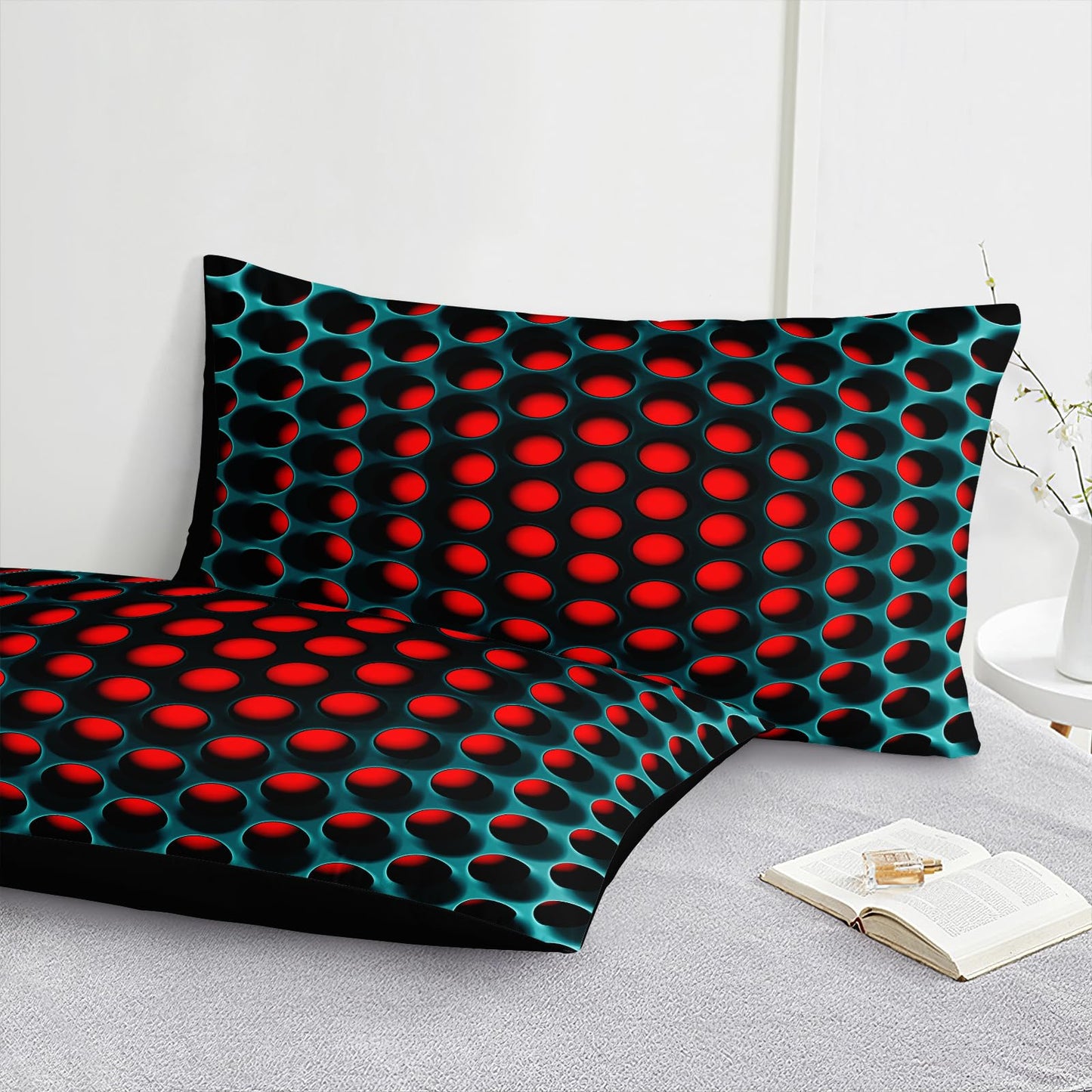 Bedbay Stereoscopic Bedding Set Red Green Honeycomb Queen Comforter Set 8 Pcs Geometric Bed Set with Sheets Colorful Neon Grid Bedding Quilt Set Soft Lightweight Queen Bed in a Bag for All Seasons