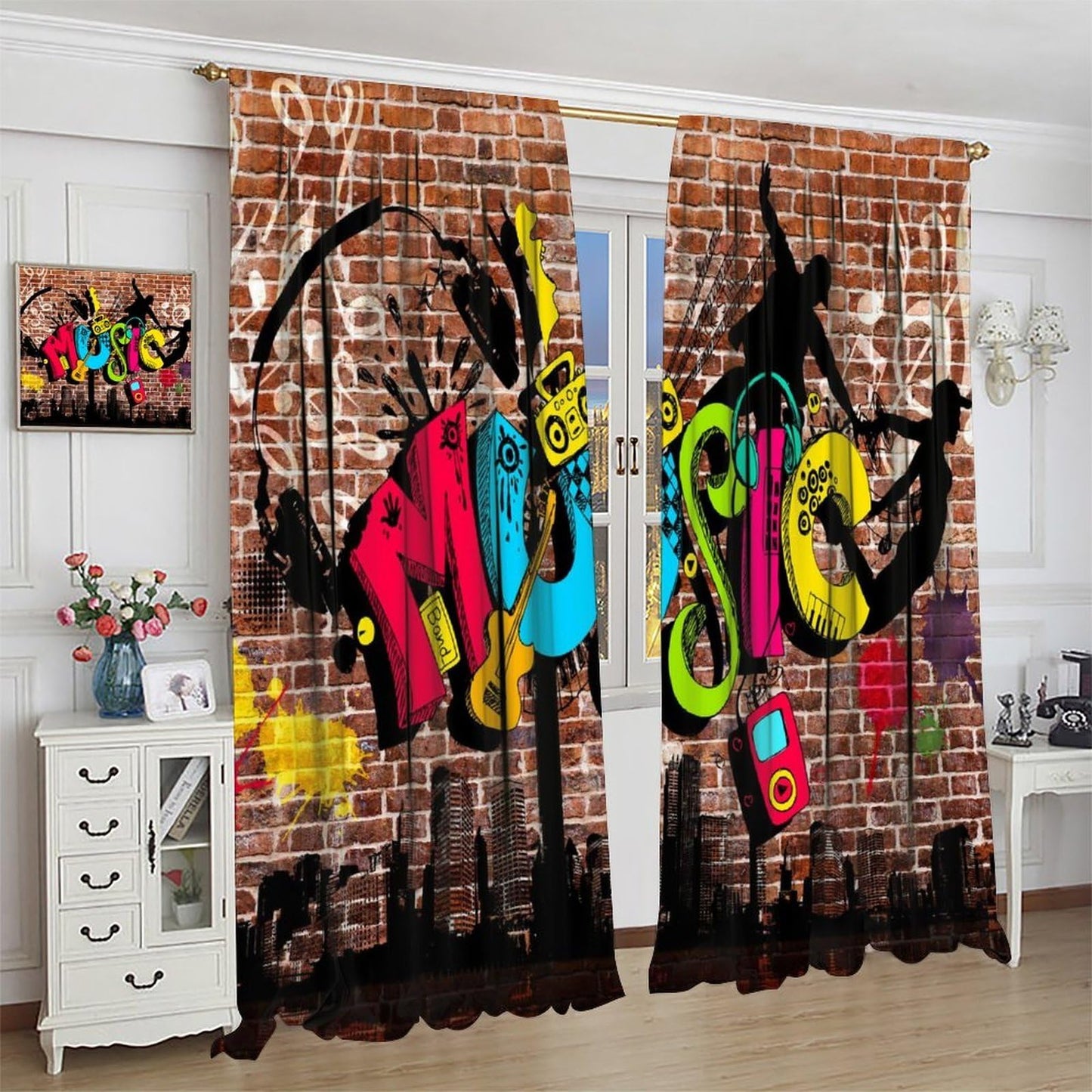 wlsgdsg Music Curtains for Kids Retro Country Upbeat Music with Dancing Notes On The Staff Print for Boys Girls Bedroom Living Room Bathroom 42x44.5In（No Blackout）