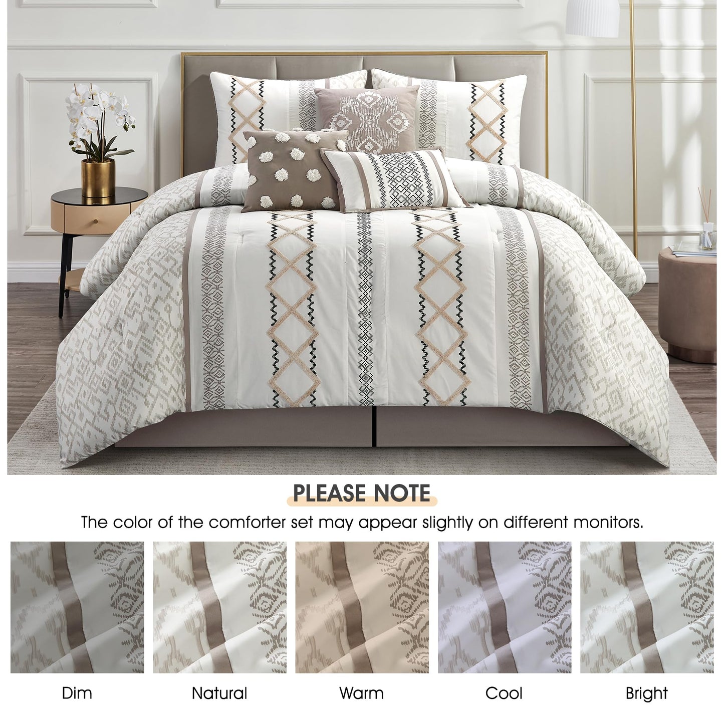 LANCO MODERN LIFESTYLE Taupe Queen Comforter Set, 7 Pieces All Season Bedding Sets in a Bag with Geometric Terry Embroidered Comforter, Bed Skirt, Pillow Shams and Decorative Pillows