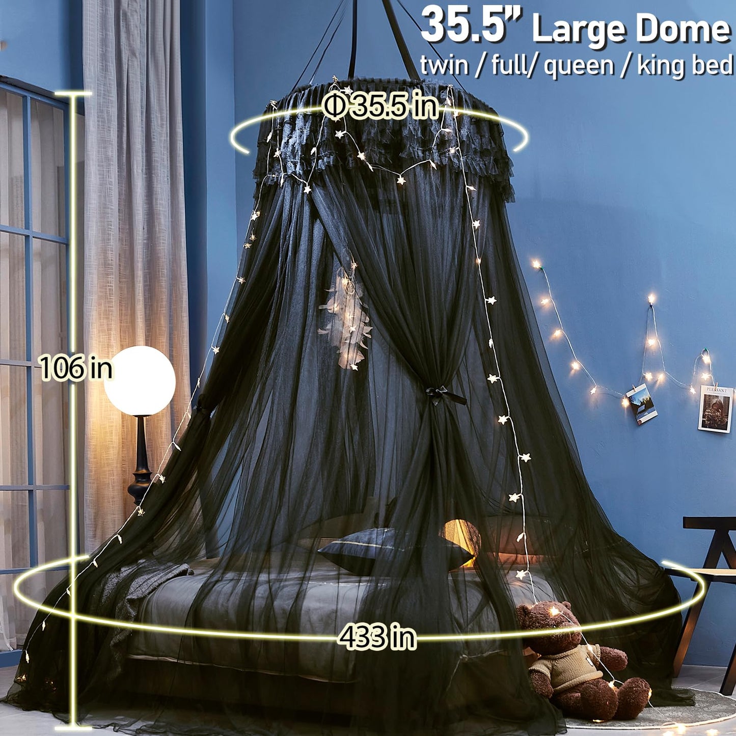 Kertnic Dreamy Bed Canopy for Girls, Princess Canopy Curtains Double Layer Sheer Mesh, Adults Canopies Netting Room Decor Tent Mosquito Net for Queen King Bed (Double Layer-Black)