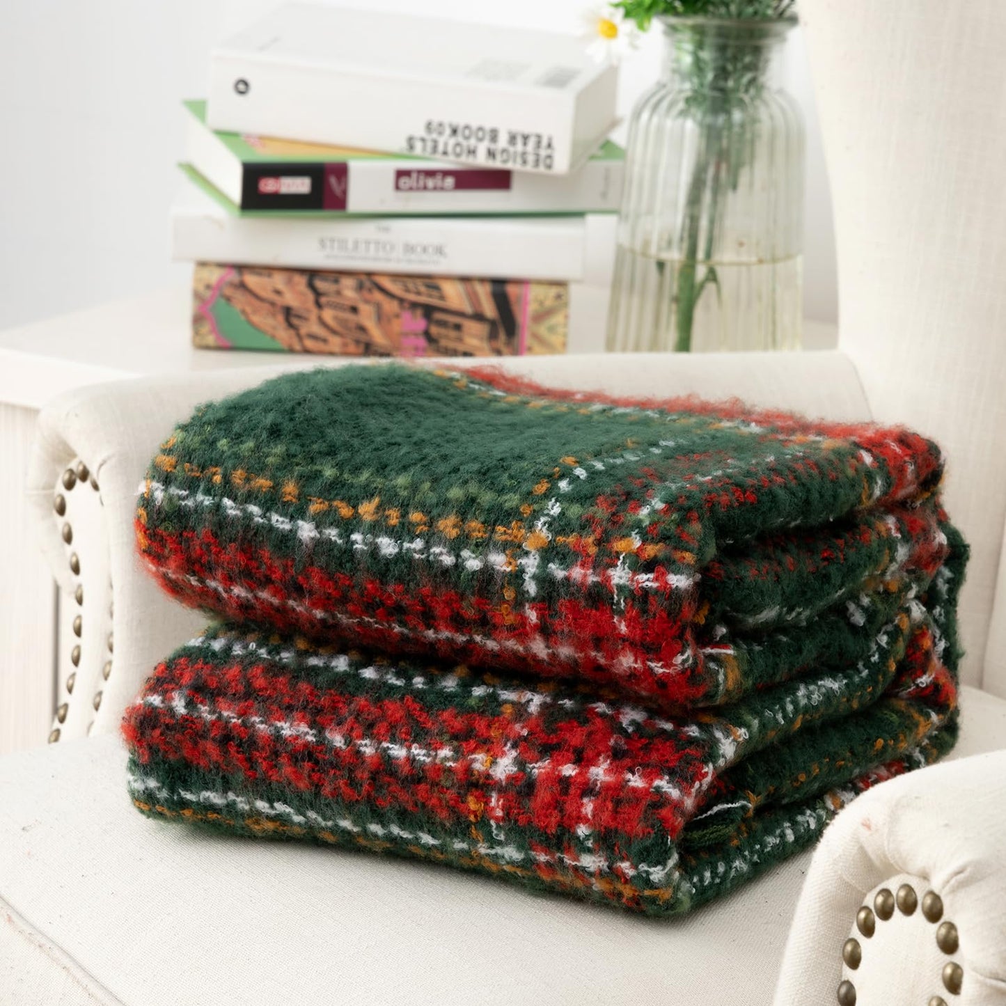 LALIFIT Plaid Throw Blanket with Fringes Green Red Christmas Home Decor Blankets Super Soft Cashmere Blanket for Couch Sofa Farmhouse Halloween etc 50" x 60" Inches(Green Plaid)