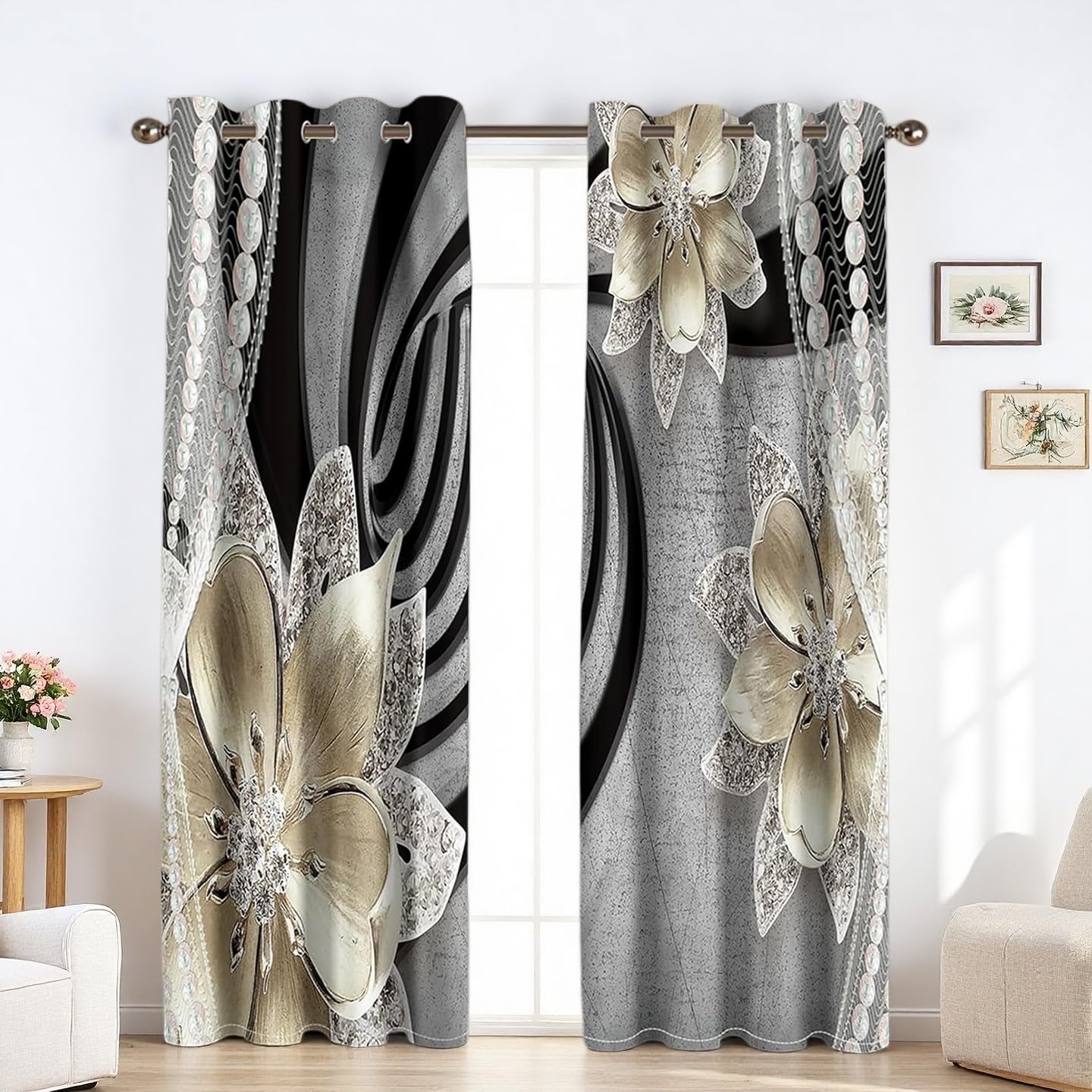 Black Blackout Curtains 63 inch Long 2 Panels 52x63, 100% Light Blocking Grommet Window Drapes, Black Out Thermal Insulated Modern Abstract Black Grey Swirl Pattern Curtains for Bedroom Living Room
