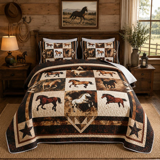Tuzaovy Horse Running Wild Western Style Quilt Bedding Set Queen Size for Boys Room Decor,Brown Horse Bedspread Sets Rustic Ranch Bedroom Decor,Animal Print Bed Cover for Kids and Adults