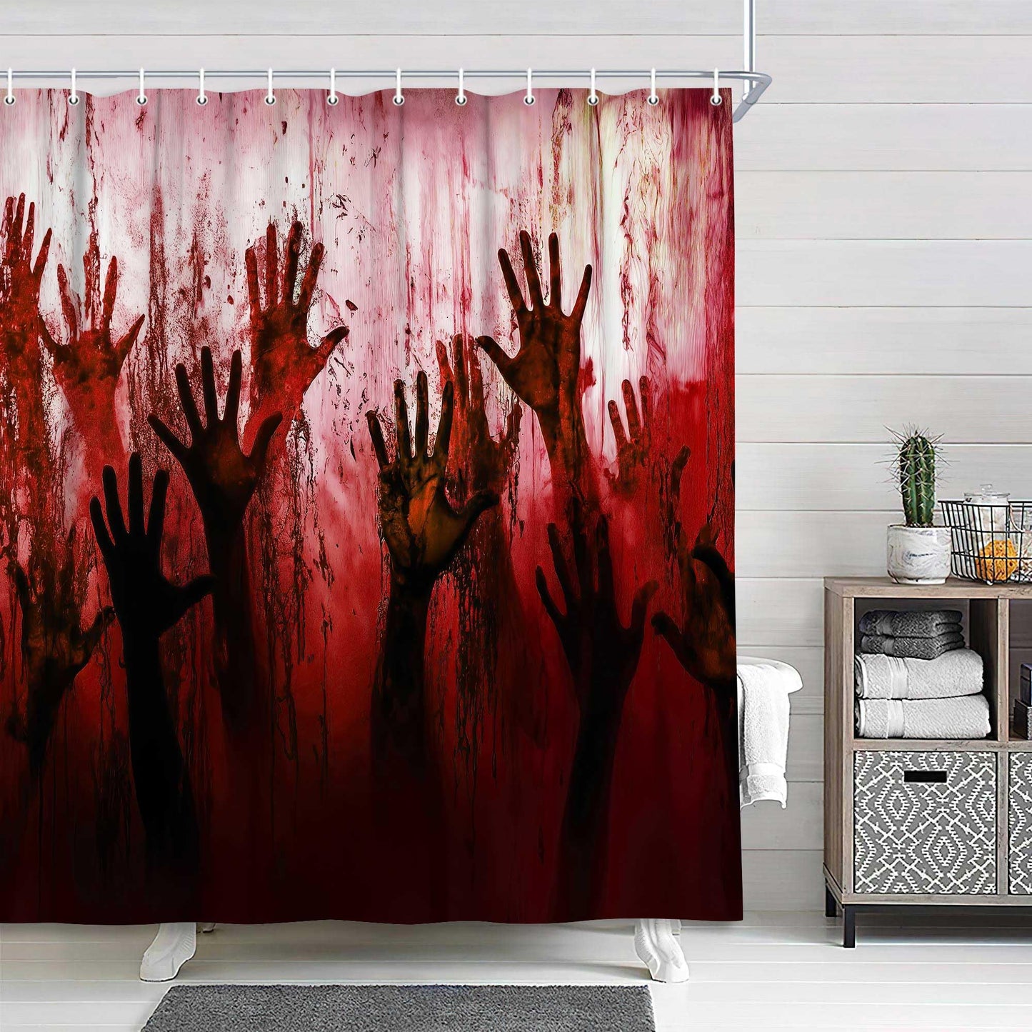 JAWO Spooky Bloody Hand Shower Curtain, Creepy Horror Zombie Handprint Bathtub Curtain, Halloween Themed Bathroom Decor,12pcs Hooks,69X70 in