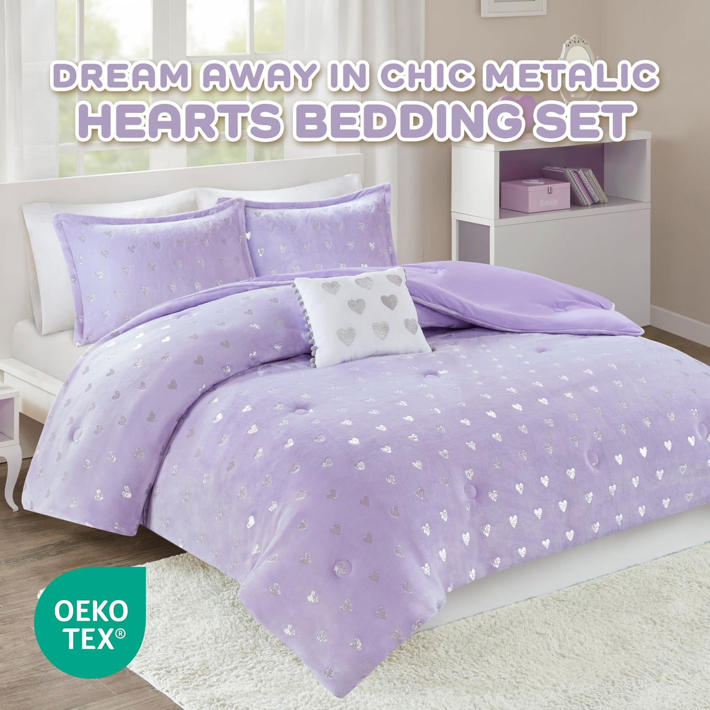 Intelligent Design Twin Comforter Set, 3 Piece Metallic Hearts Cozy Bedroom Set for Girls, Twin Bed Set Soft & Plush Comforter, All Season Fluffy Bedding Set, Rosalie, Twin/Twin XL, Purple Silver
