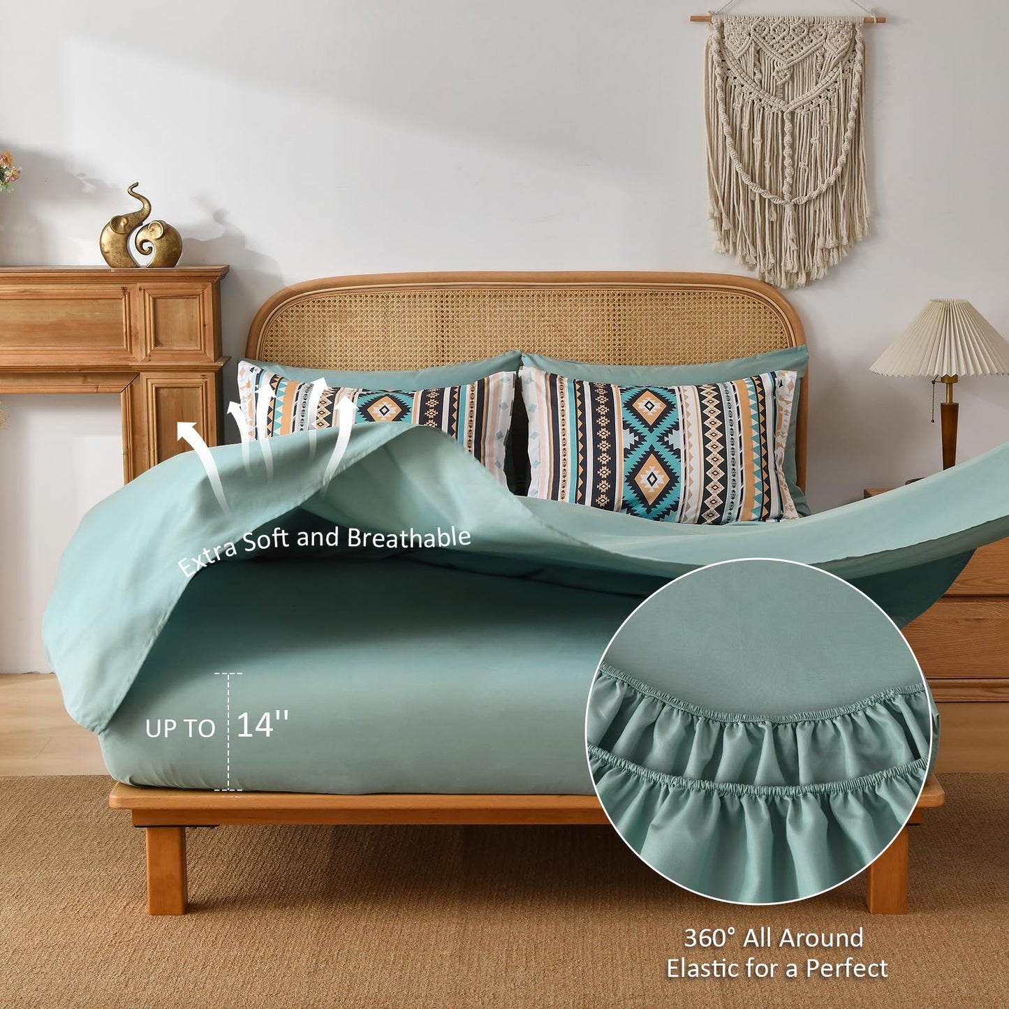 Dinjoy Turquoise Boho Comforter Set Queen Size,7 Pieces Bed in a Bag Queen Aztec Bedding with Sheets Bohemian Geometric Striped Complete Set for Spring Summer Fall Winter 90"x90"