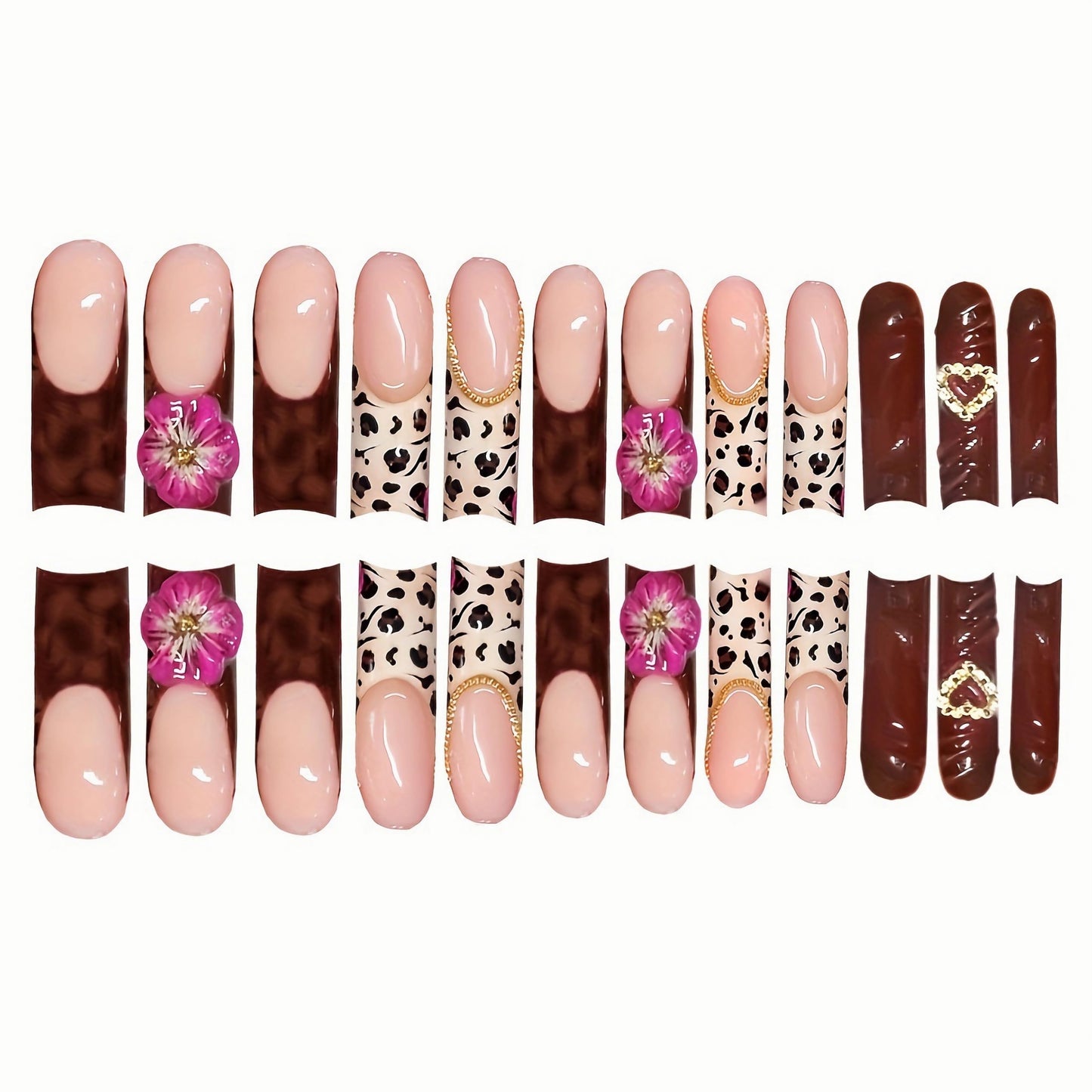 MERVF Press on Nails Long Square Fall, Brown French Tip Fake Nails 3D Flower Heart Glue ons Leopard Acrylic Nail Luxury Gold Charms Design Glossy 24pcs