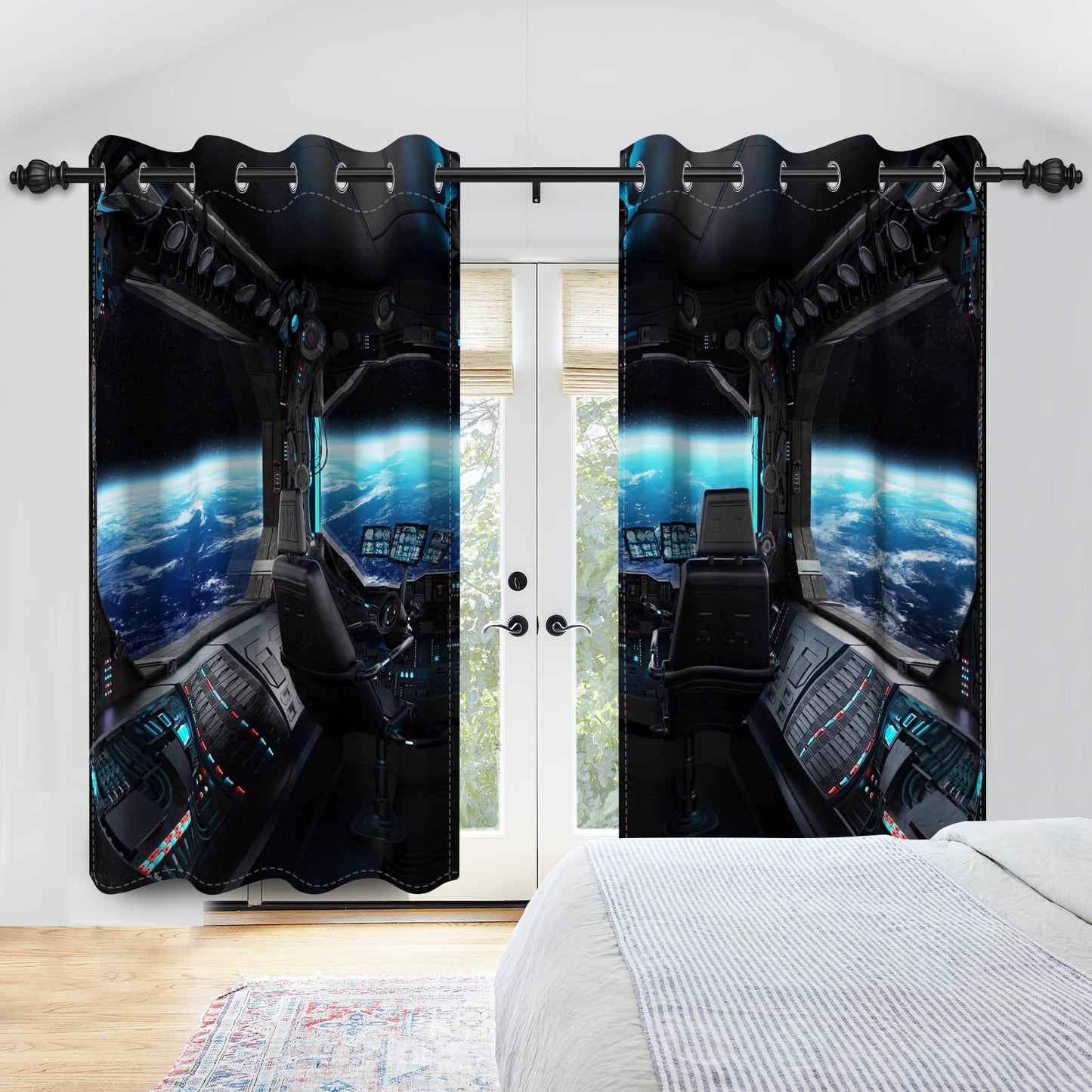 Renaiss Spacecraft Interior Window Curtains Futuristic Spaceship Cockpit Window Treatments Outer Space Earth View Blackout Drapes for Bedroom Living Room French Door Decor 42x63 Inches x 2 Panels