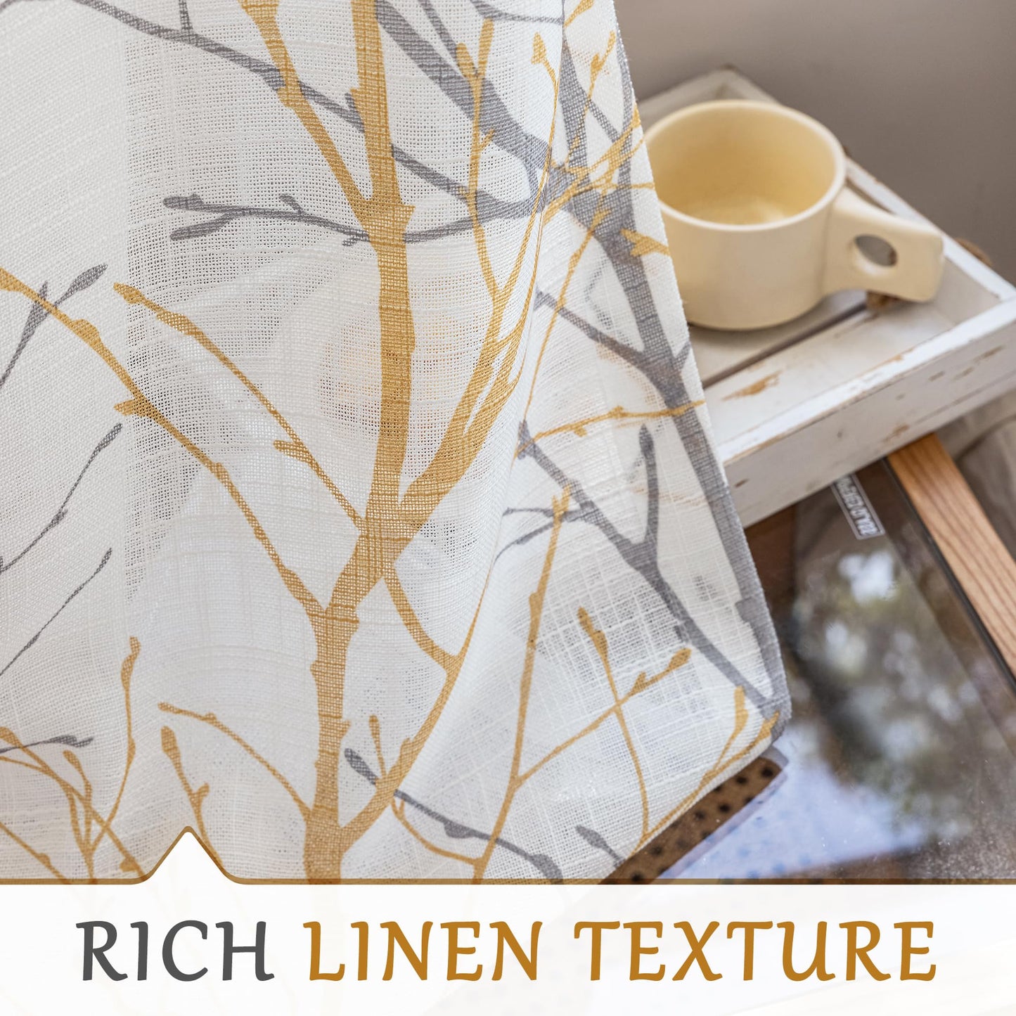FMFUNCTEX Linen Semi Sheer Curtains for Bedroom, Yellow White Curtains 84 Inches Long for Living Room, Grey Tree Branch Print Curtain Light Filtering Farmhouse Window Drapes, Grommet Top 2 Panels