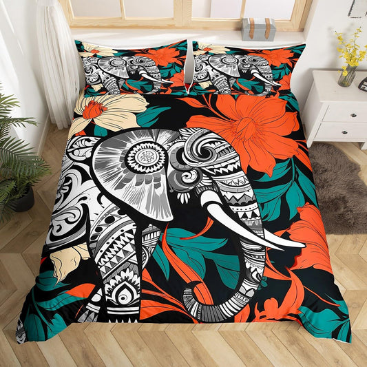Elephant Duvet Cover Set Queen Size Black White Mandala Print Bedding Set 3pcs for Kids Girls Room Decor, Boho Animal Comforter Cover Botanical Floral Print Quilt Cover with 2 Pillowcases,No Comforter