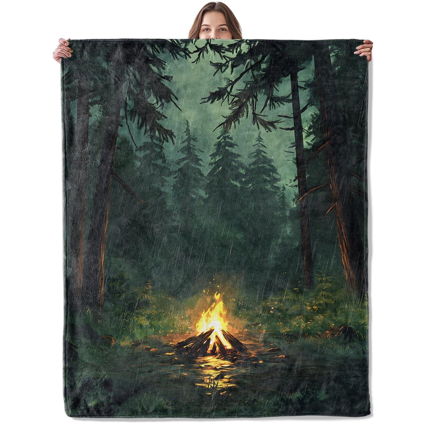 Lugiu Rainy Forest Campfire Blanket, Lightweight Comfy Warm Bonfire in Pine Woods Blankets for Couch Sofa Bedroom, Soft Plush Travel Flannel Throw Blanket Gifts for Adults Women, Home Decor 60×50in