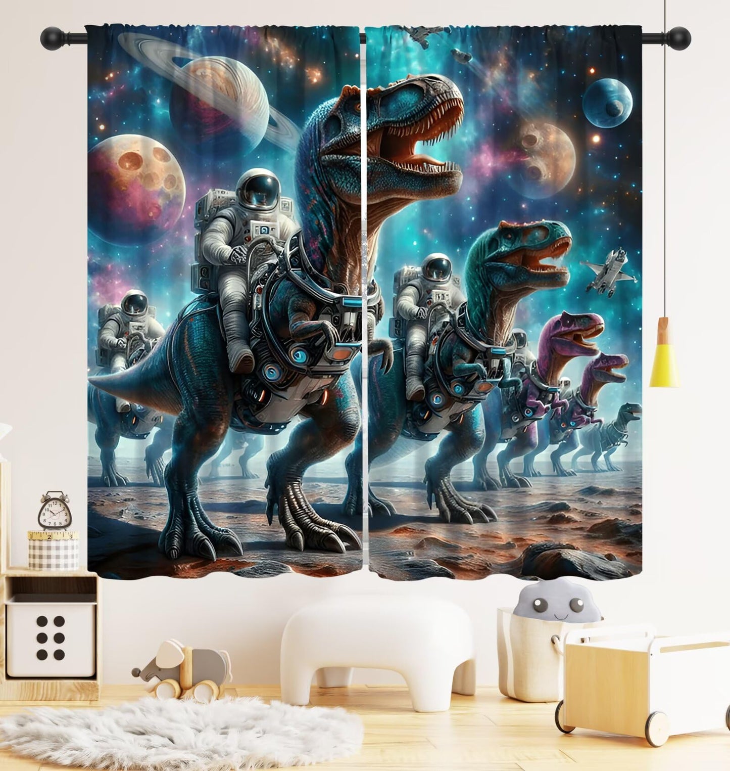 LOMADIA Dinosaur Kids Curtains, Starry Sky Astronaut Blackout Curtain, Star Dino Pattern Window Treatments Drapes for Nursery Boys Girl Bedroom Children Room Decor 21" W x 45" L (Pack of 2)