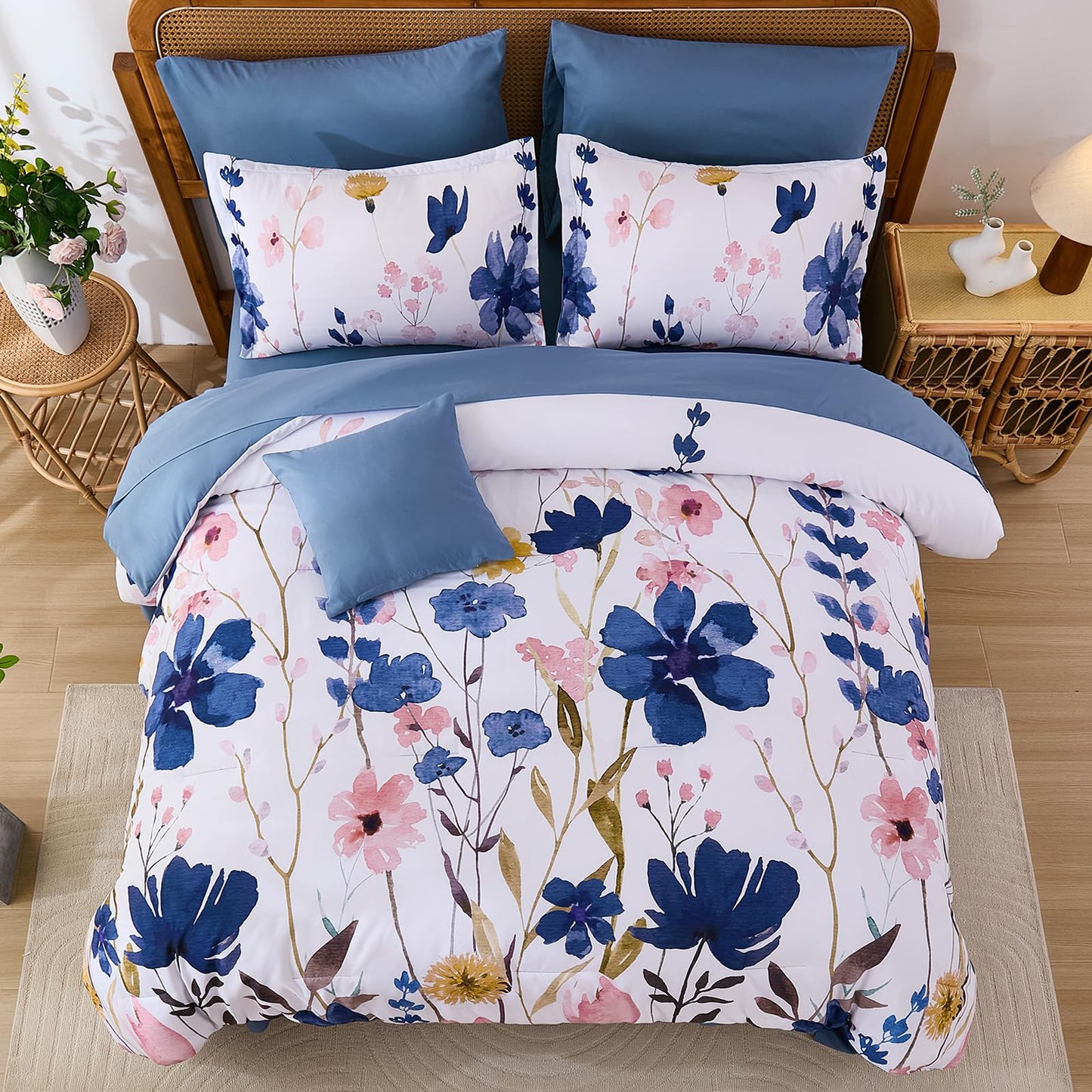 Anibedding Blue Floral Comforter Set Queen Size, 8 Piece Botanical Flower Bed in a Bag, Reversible Design Comforter Soft Microfiber Complete Bedding Sets for All Season (Blue, 90"x90")