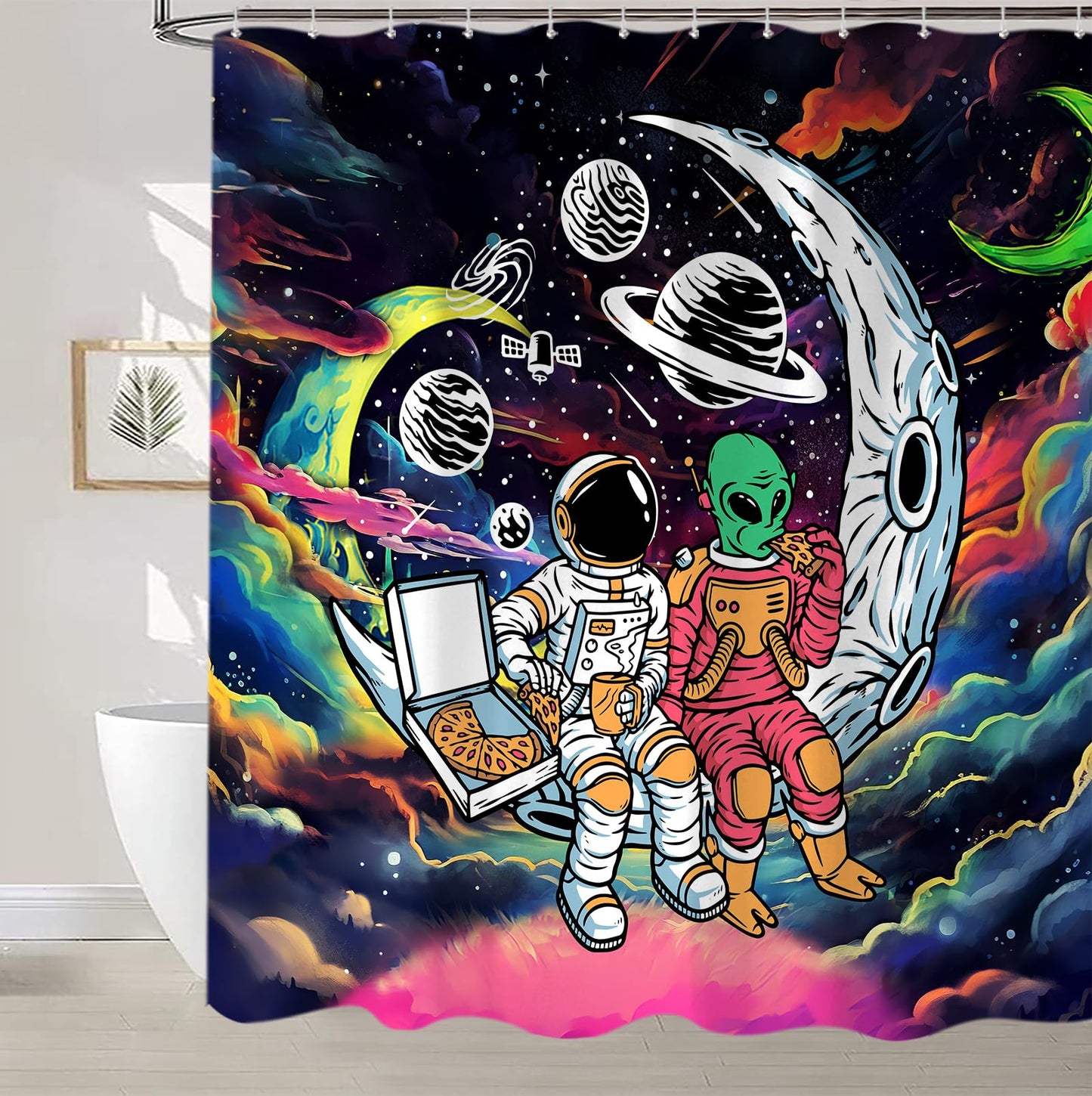 Sanzugh Funny Trippy Space Shower Curtain Astronaut Alien Curtains for Kids Men Boys Guys Bathroom, Cool Alien Planet Galaxy Fabric Shower Curtains Set Decoration with Hooks 72 X 72 inch Bath Decor