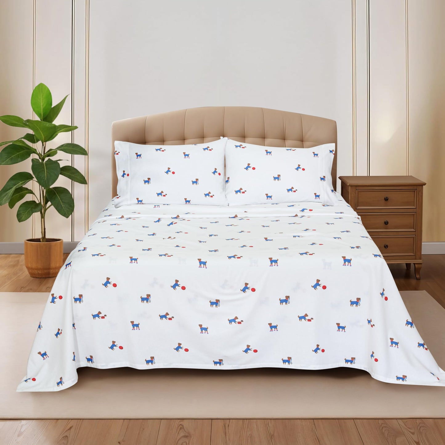RUVANTI Flannel Sheets Queen Size - 100% Cotton Double Brushed Bed Sheets, Deep Pockets 16 Inches Queen Sheet Set, All Seasons Breathable & Extra Soft - Warm & Cozy, 4 Piece, Puppy Playoff