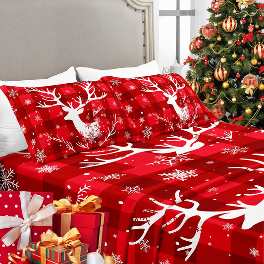YIYEA Christmas Queen Sheet Set, Luxury 1800TC Double Brushed Microfiber Christmas Bed Sheets for Queen Size Bed, Extra Soft, Deep Pocket, Shrinkage and Fade Resistant, 4PC (Queen)