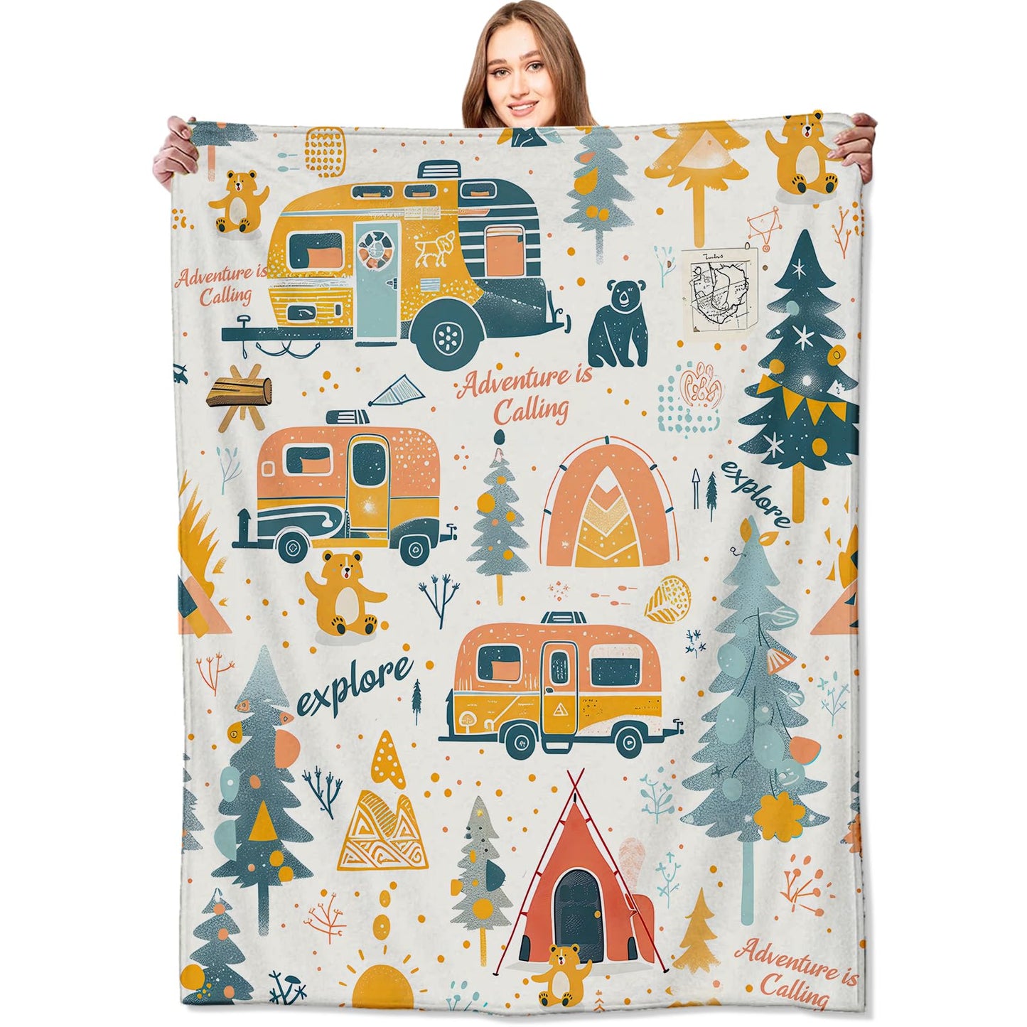 VODRM Adventure Camping Blanket Outdoor Camper Picnic Throw Blankets Gifts for Girls Adults Lightweight Soft Fleece Cozy for Sofa Couch Bed Room Travel Birthday Party Decor 50x60in