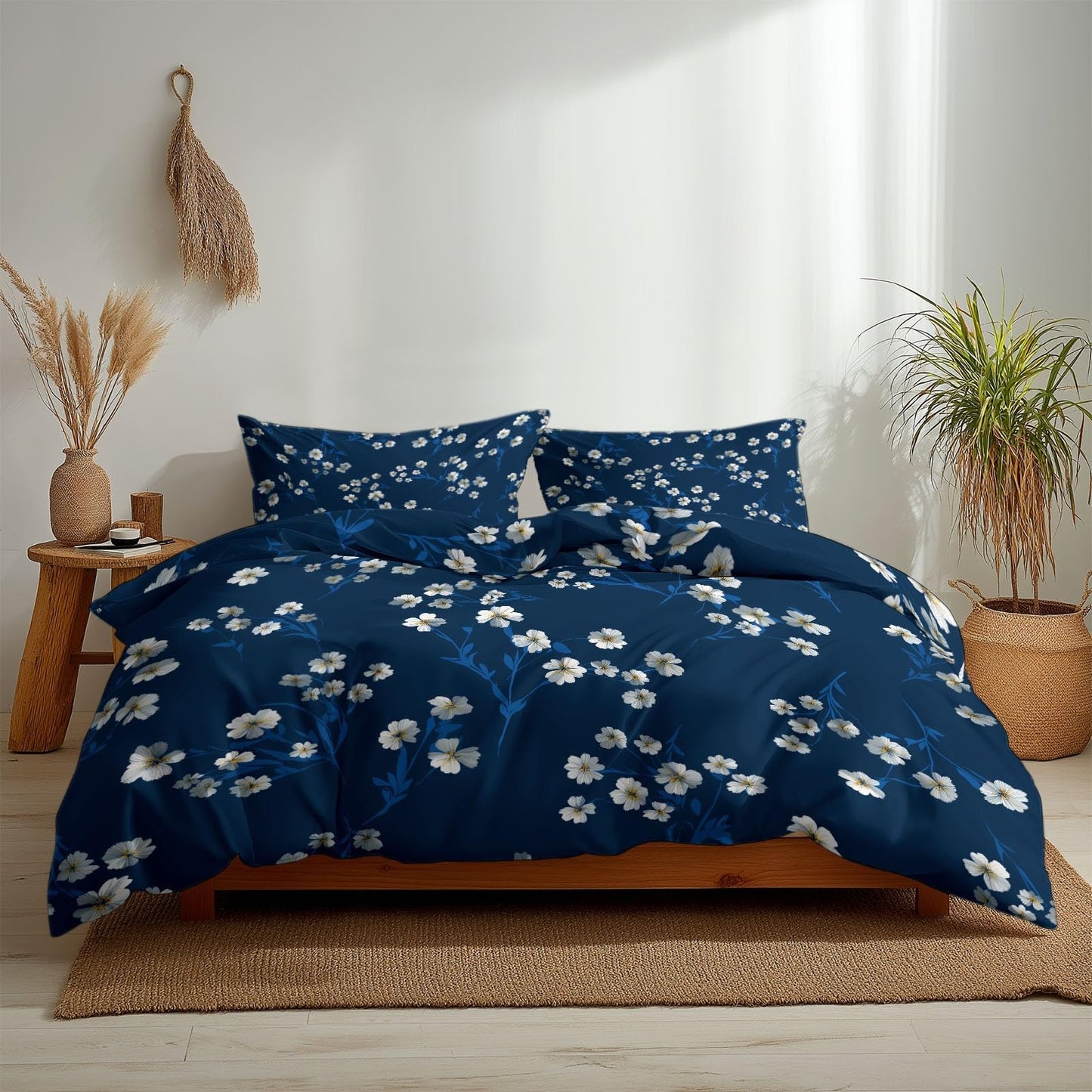 Super Soft Japanese Floral Style Duvet Cover Set Twin Size, Minimalist White Small Flowers Navy Blue Bedding for Kids Boys Girls Teens - Breathable and Anti-Allergic Soft Comforter Cover