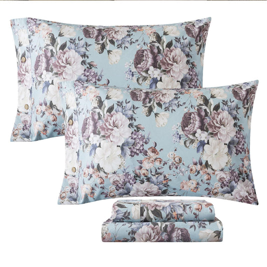 FADFAY Floral Sheets Set King Size, 100% Cotton Bed Sheets 4 Pcs with Deep Pocket Fitted Sheet, Dusty Blue Vintage Botanical Bedding, Soft Crisp & Breathable Sheets for All Seasons