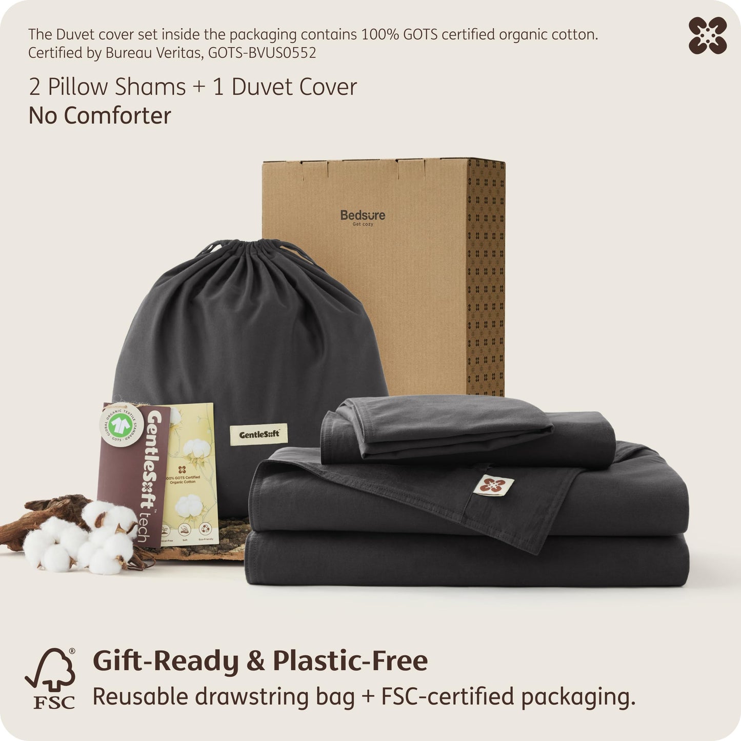 Bedsure 100% Organic Cotton Queen Duvet Cover Set, Charcoal Grey, 90" x 90"
