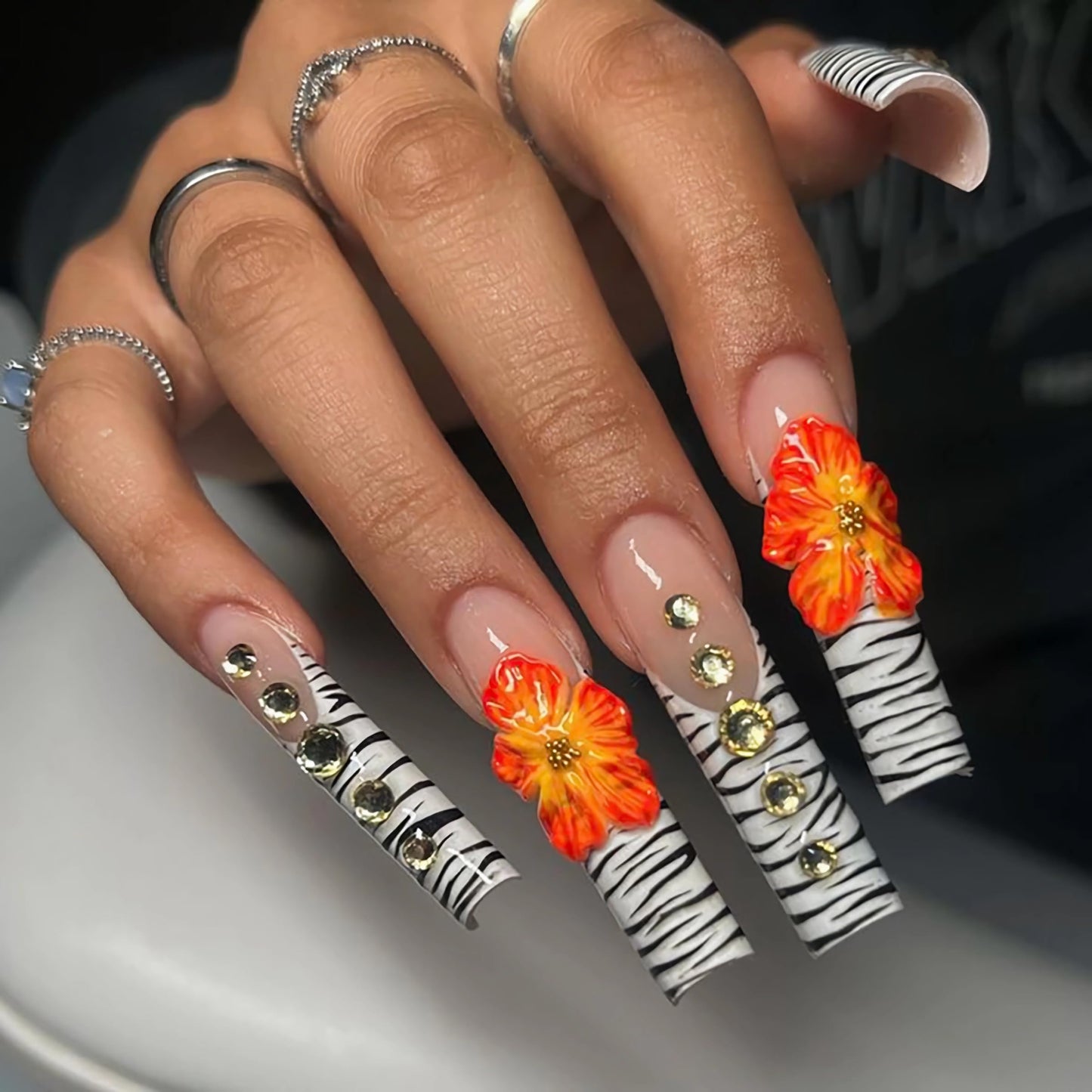 BABALAL Press on Nails Long Square Fake Nails Y2k Zebra White French Tip Glue ons 3D Texture Orange Flower Handmade Supplies with Rhinestone Luxury 24Pcs Wild Fall Glossy Full Cover False Nails