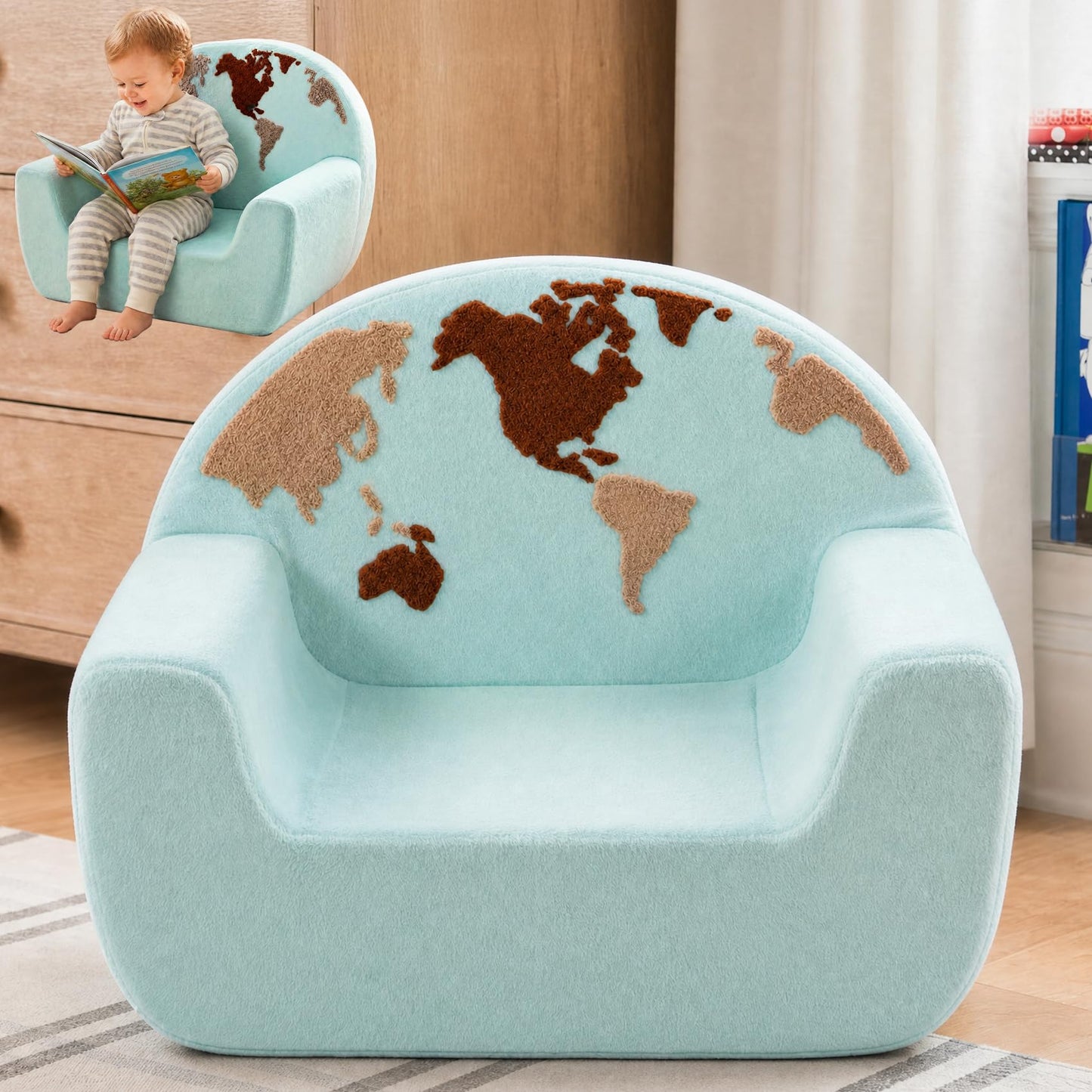 Kids Chair Comfy, Snuggly-Soft Toddler Armchair, Cuddly Kids Foam Chair for Boys and Girls, Portable Toddlers Reading Chairs, Toddler Chairs Comfy 1-3 Years Old, Colorful US Map Design, Blue
