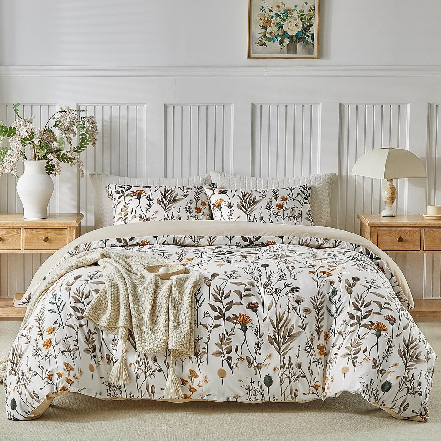 Lekesky King Size Duvet Cover Set, Lightweight Soft Microfiber Comforter Cover，Reversible Duvet Cover King with Branch Pattern, 3 Pieces Khaki Bedding Set with Zipper and 2 Pillowcases