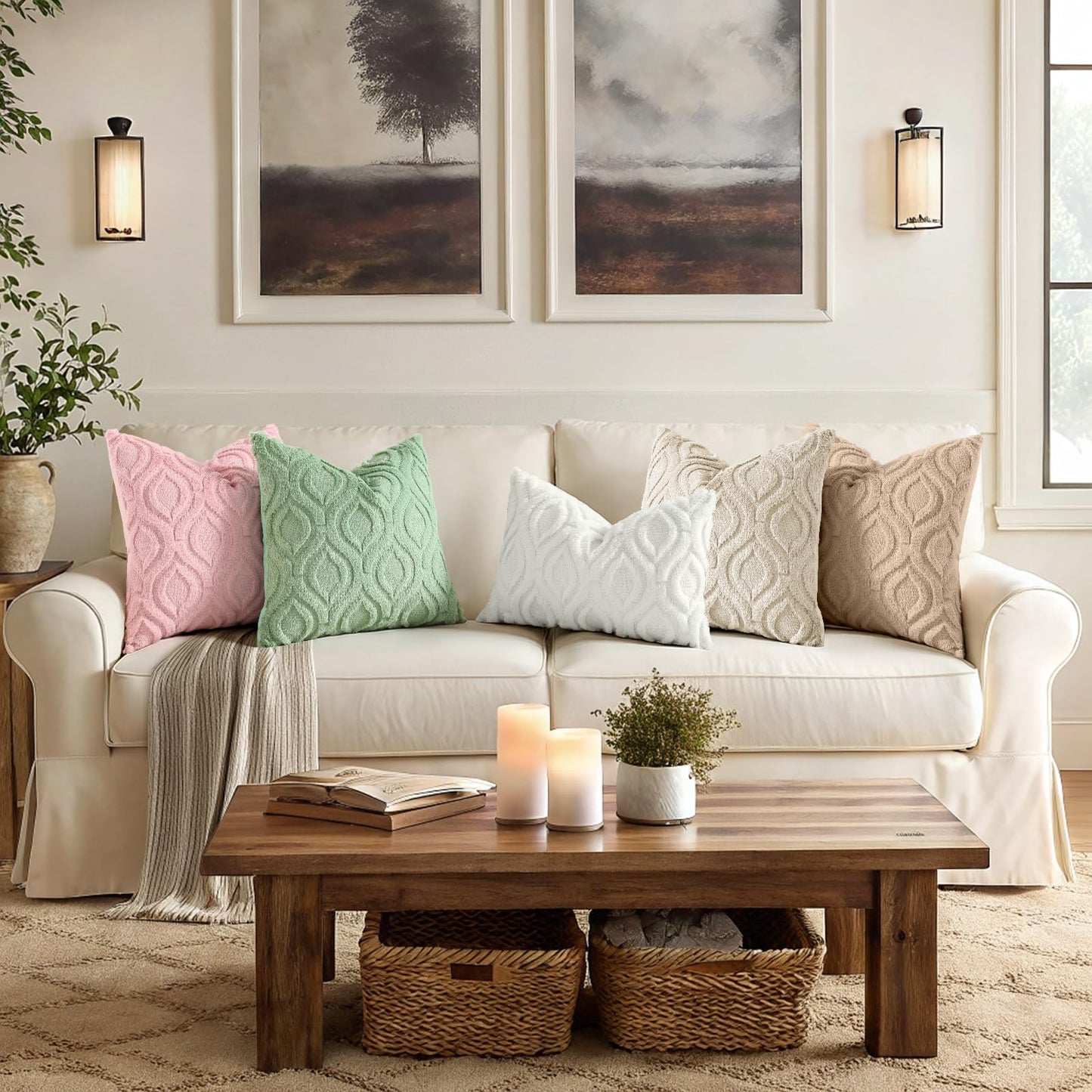 decorUhome Throw Pillow Covers 18x18 Inch Set of 2, Soft Plush Faux Wool Beige Solid Couch Pillow Covers, Accent Farmhouse Neutral Square Pillow Cases for Sofa Bed Living Room
