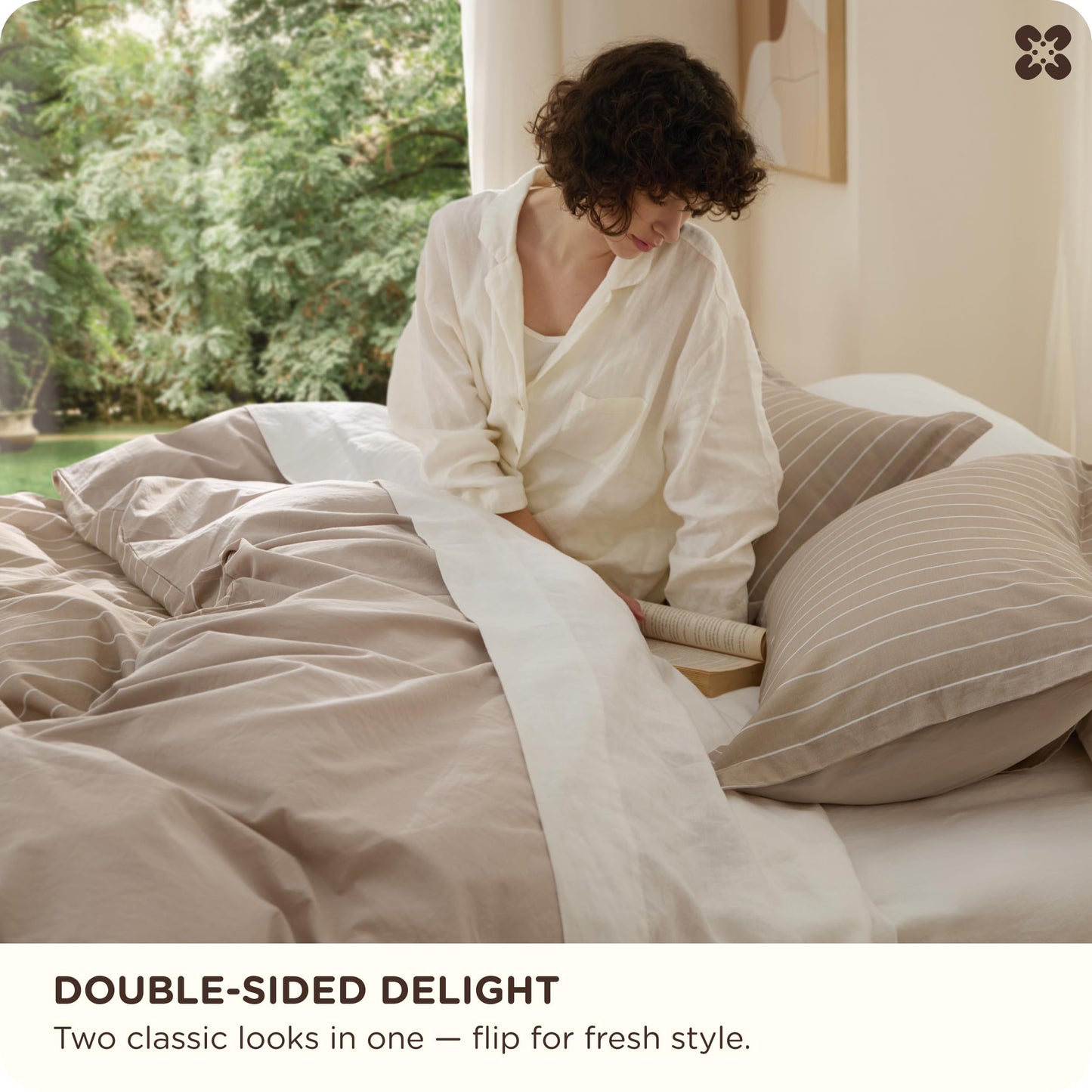 Bedsure Striped Duvet Cover Queen Size, 100% Washed Cotton PureWoven Duvet Cover Linen Like Textured, Classic Striped Pattern Enhances Bedroom Comfort and Style, Stripes Tan/White, 90"x90"
