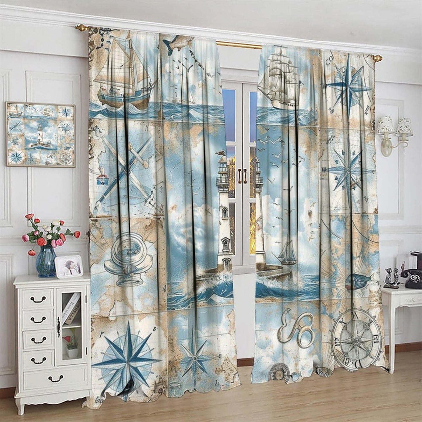 TOWINSFB Nautical Journey Blackout Curtains for Living Room Bedroom, Retro Sailboat Compass Lighthouse Window Curtains Rod Pocket Thermal Insulated Window Drapes, 2 Panels, Each 21W x 63L