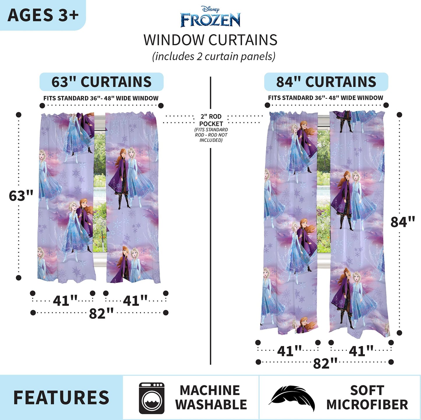 Disney Frozen 2 Kids Room Window Curtains Drapes Set, 82 in x 63 in, "Official" Disney Product By Franco