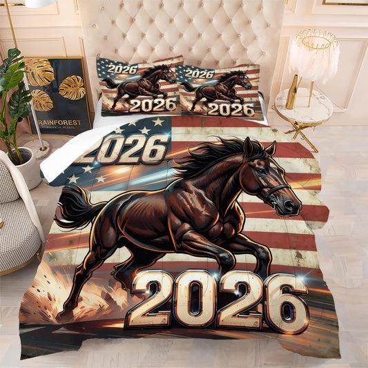 VTKON Western Horse Comforter Set Queen Size 3 Pcs American Flag and Galloping Horse Bedding Set Soft All Season Vintage Duvet with 1 Comforter and 2 Pillowcases