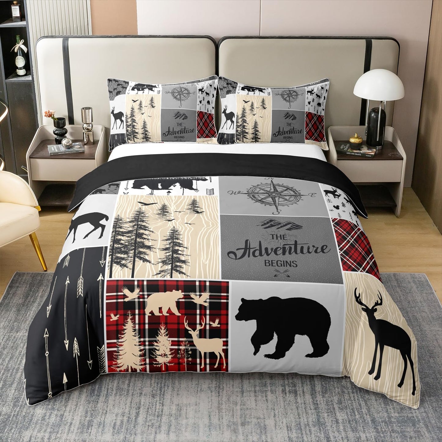 Erosebridal Retro Cabin 100% Cotton Duvet Cover Queen Size for Kids Rustic Bear Deer Comforter Cover Hunting Wildlife Bedding Set for Boys Teens Men Bedroom Plaid Lodge Farmhouse Bedclothes