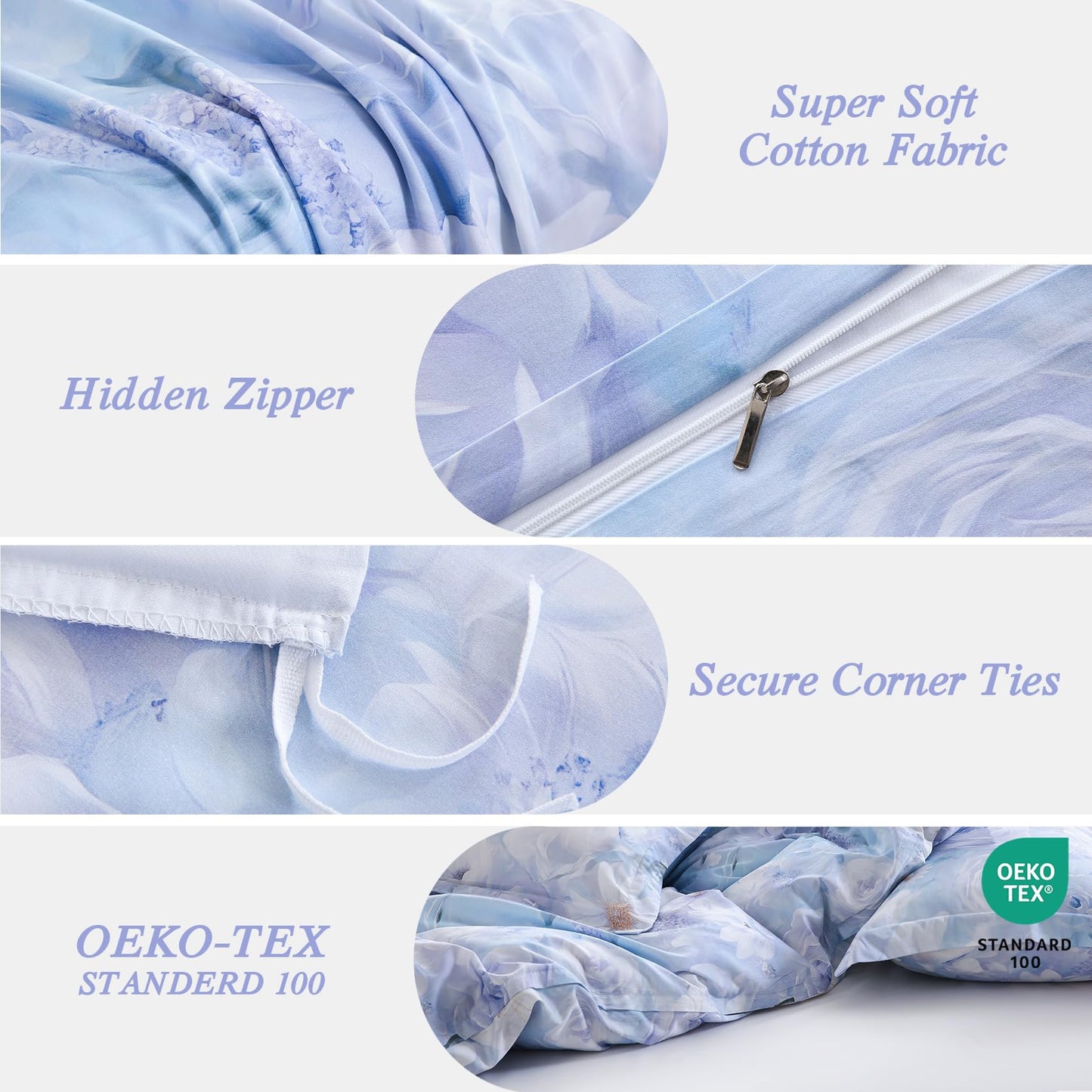 Ocharo Floral 100% Cotton Duvet Cover King Size,Reversible Blue White Daisy Comforter Cover with Zipper Closure,Soft 3 Pieces Luxury Cotton Bedding Sets with 2 Pillow Shams (20"x36")
