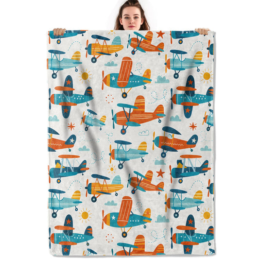Playful Airplane Throw Blanket, Lightweight Warm Flannel Blankets, Home Decor and Gifts, Soft Cozy Throws for Women Boys Kids, 50"X60" for Bed Couch Travel Office