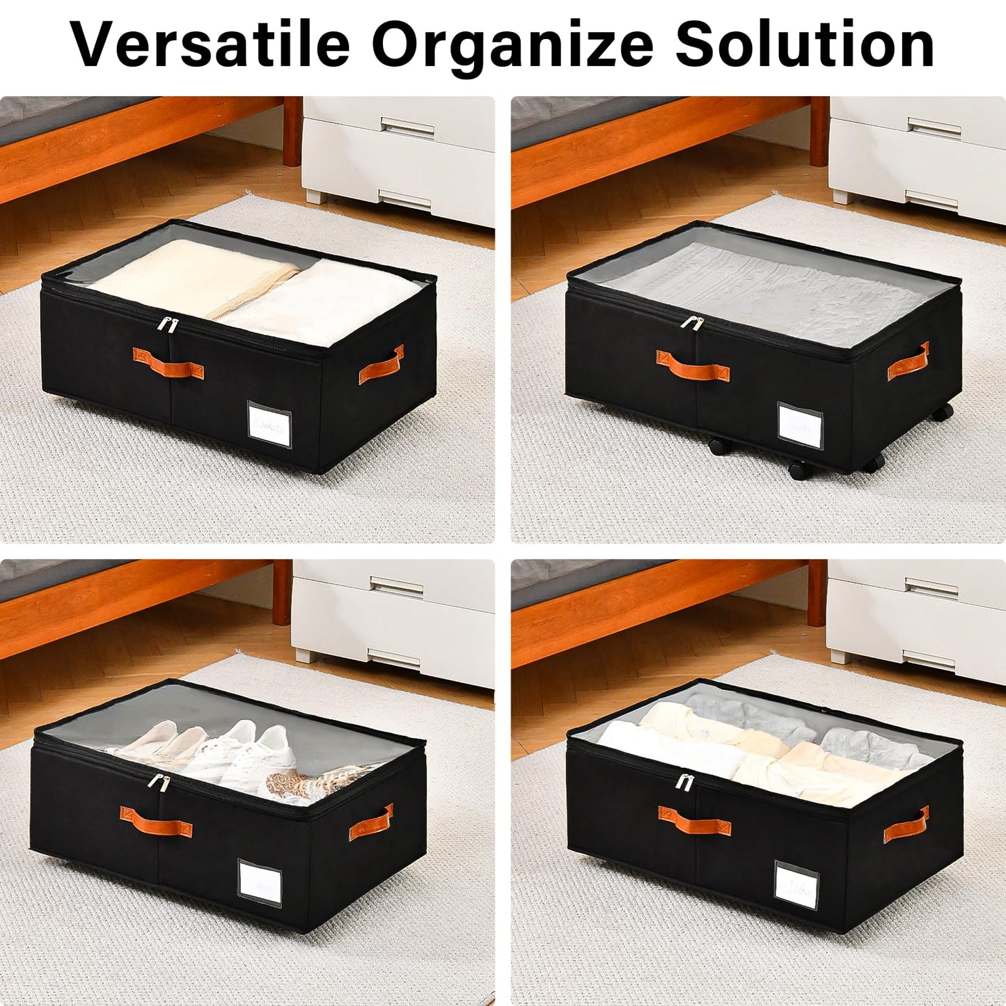 Freebat Under Bed Storage Organizer with Wheels 2 Pack, 10 inches Height Underbed Container with Clear Lid Cover, Storage Bag Box with Visiable Window for Clothes, Bedsheet, Pillow