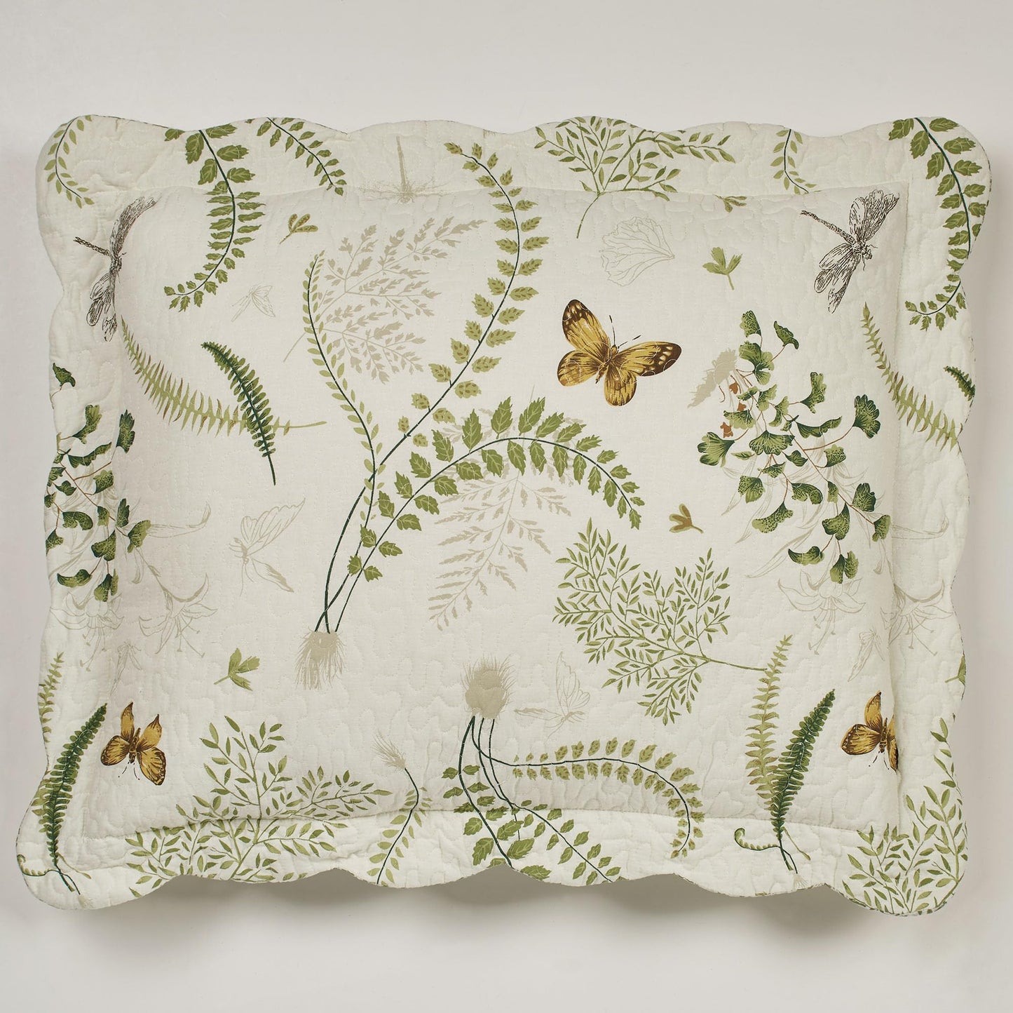 Butterfly Eden Reversible Quilted Oversized Bedding | Nature Medallion Butterfly Dragonfly Fern Leaves | Eggshell, Golden Yellow, Green | 3 Piece Set Includes: Queen Bedspread and 2 Standard Shams