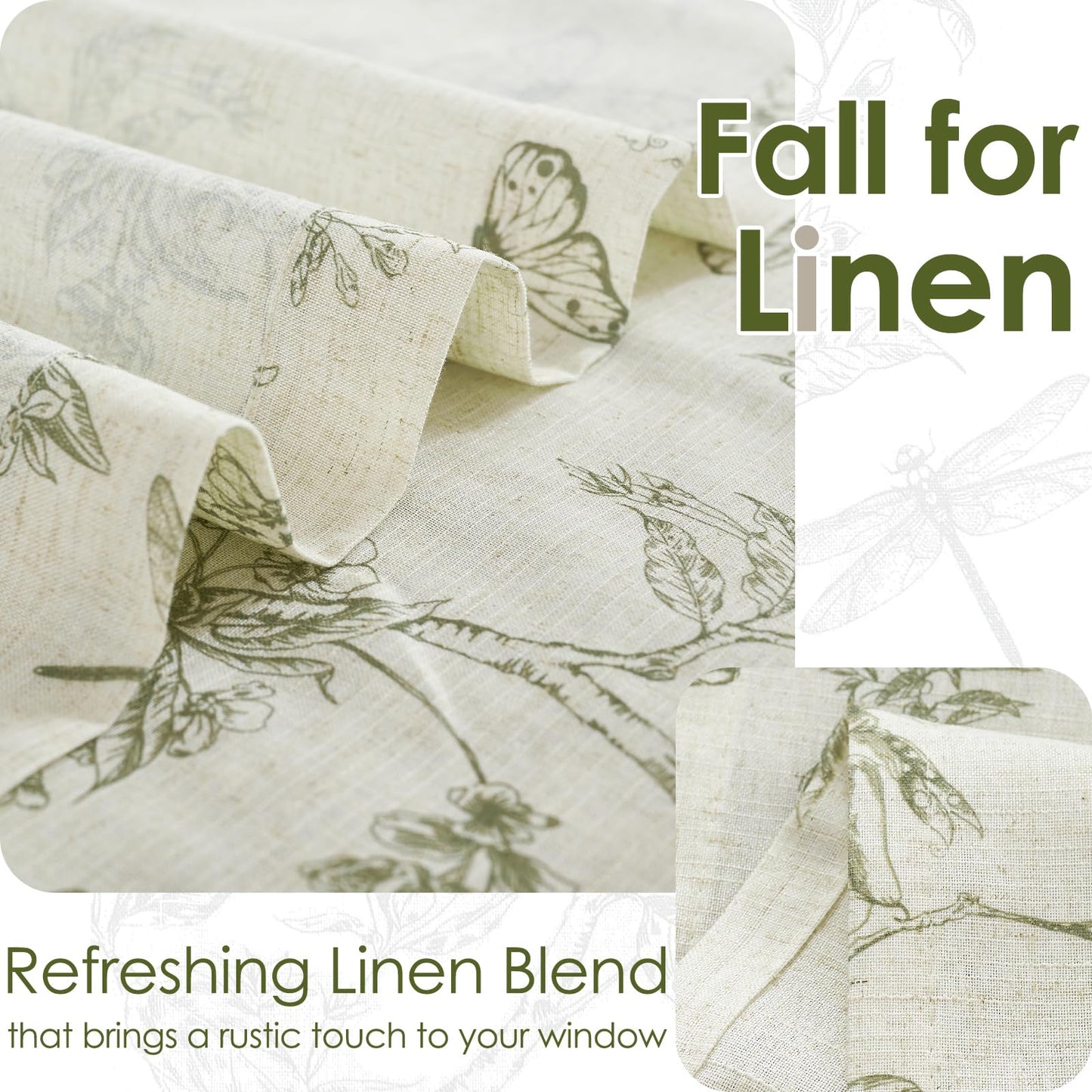 Lazzzy Linen Floral Kitchen Curtains 36 Inch Long, Green Farmhouse Kitchen Window Rustic Country Small Curtains Rod Pocket Tiers, Set of 2, Green on Beige