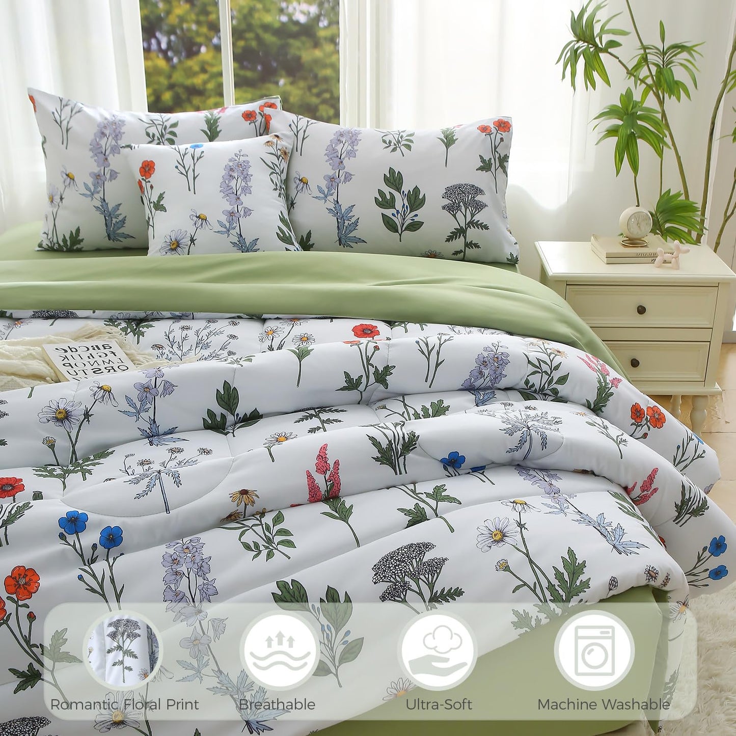 JQinHome Queen Comforter Set - 6 Pieces White Botanical Floral Reversible Green Solid Bedding Set, Bed in a Bag with Microfiber Comforter, Sheets & Cushion Cover, Edredones Queen Set Completo
