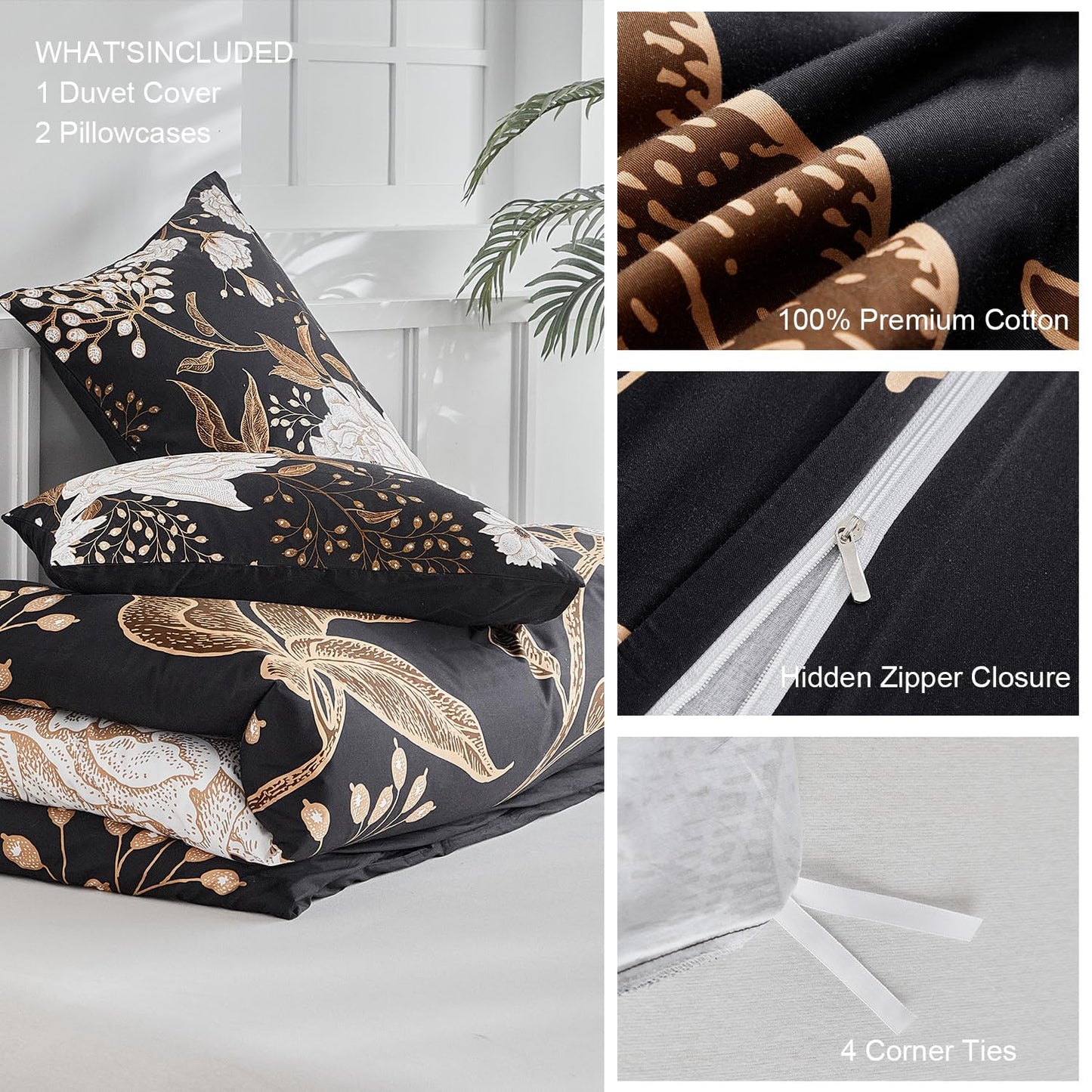 mixinni Floral Duvet Cover King Size, 3 Pieces White Flowers and Gold Leaves Printed on Black Bedding Set, Soft Premium Cotton Reversible Elegant Floral Duvet Cover Set for All Season-King Size