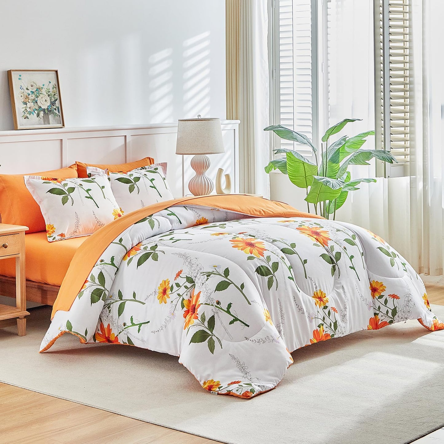Joyreap 6 Piece Bed in a Bag Twin, Floral Comforter Sheet Set, Orange n Yellow Flowers on White Design, All Season Microfiber Bedding Comforter Set