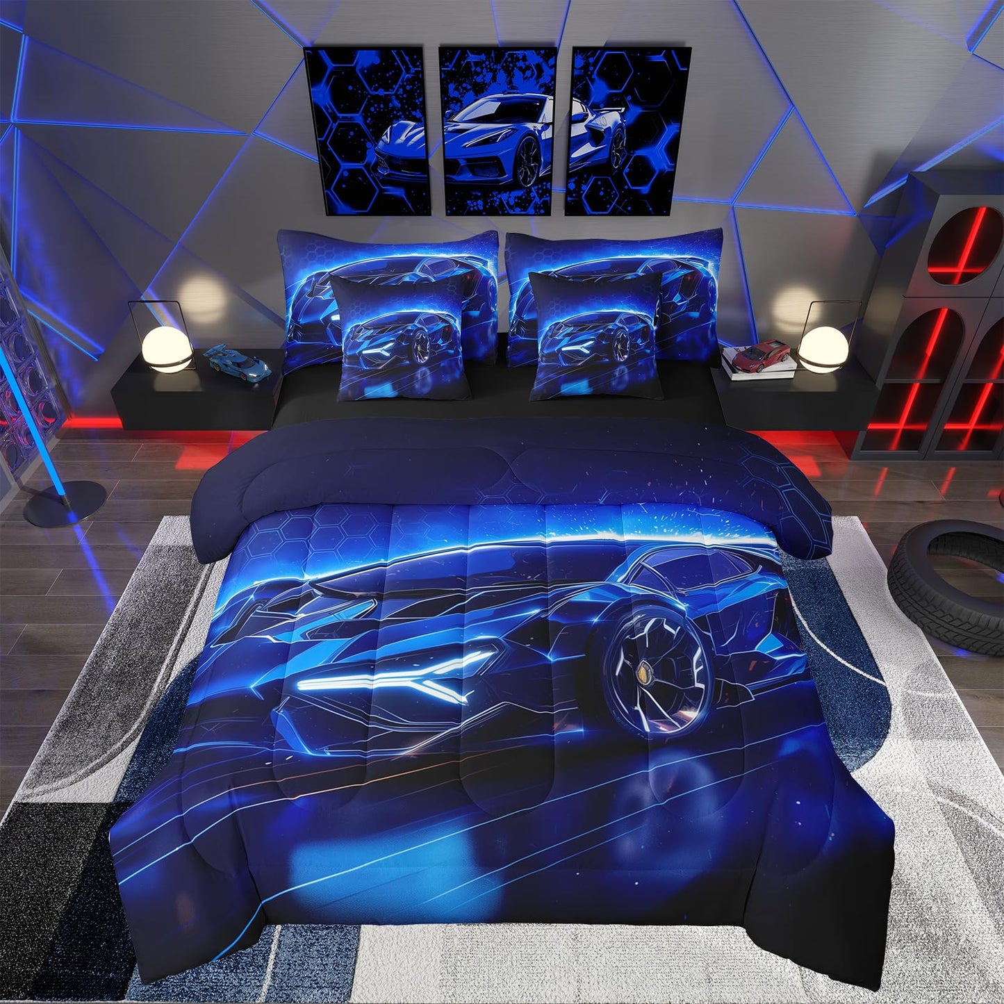 Feelyou Kids Boys Sports Car 7 Piece Bedding Set Full Size Blue Race Car Comforter Set with Sheets for Kids Teens Boys Girls Extreme Sports Theme Bed in a Bag Speed Luxury Car Bed Set