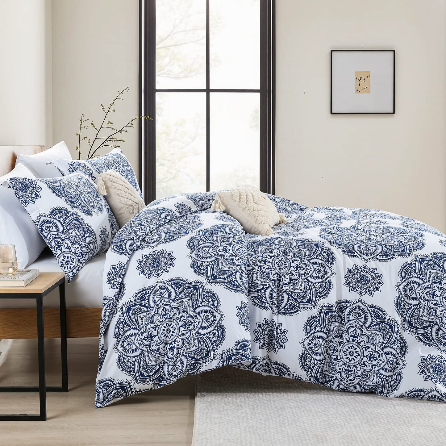 CozyDH Cotton Duvet Cover King Size - 100% Cotton 400TC Floral Damask Paisley Duvet Cover Set, 3pcs Soft Lightweight King Beddding Set, Zipper Closure 8 Ties(Royal Blue, 104x90, No Comforter)